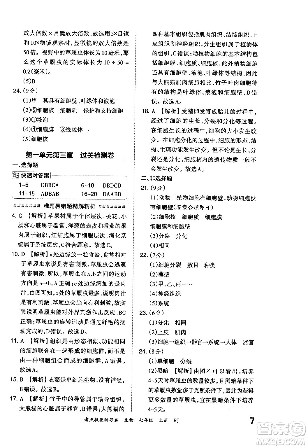 江西人民出版社2024年秋王朝霞考點梳理時習(xí)卷七年級生物上冊人教版答案