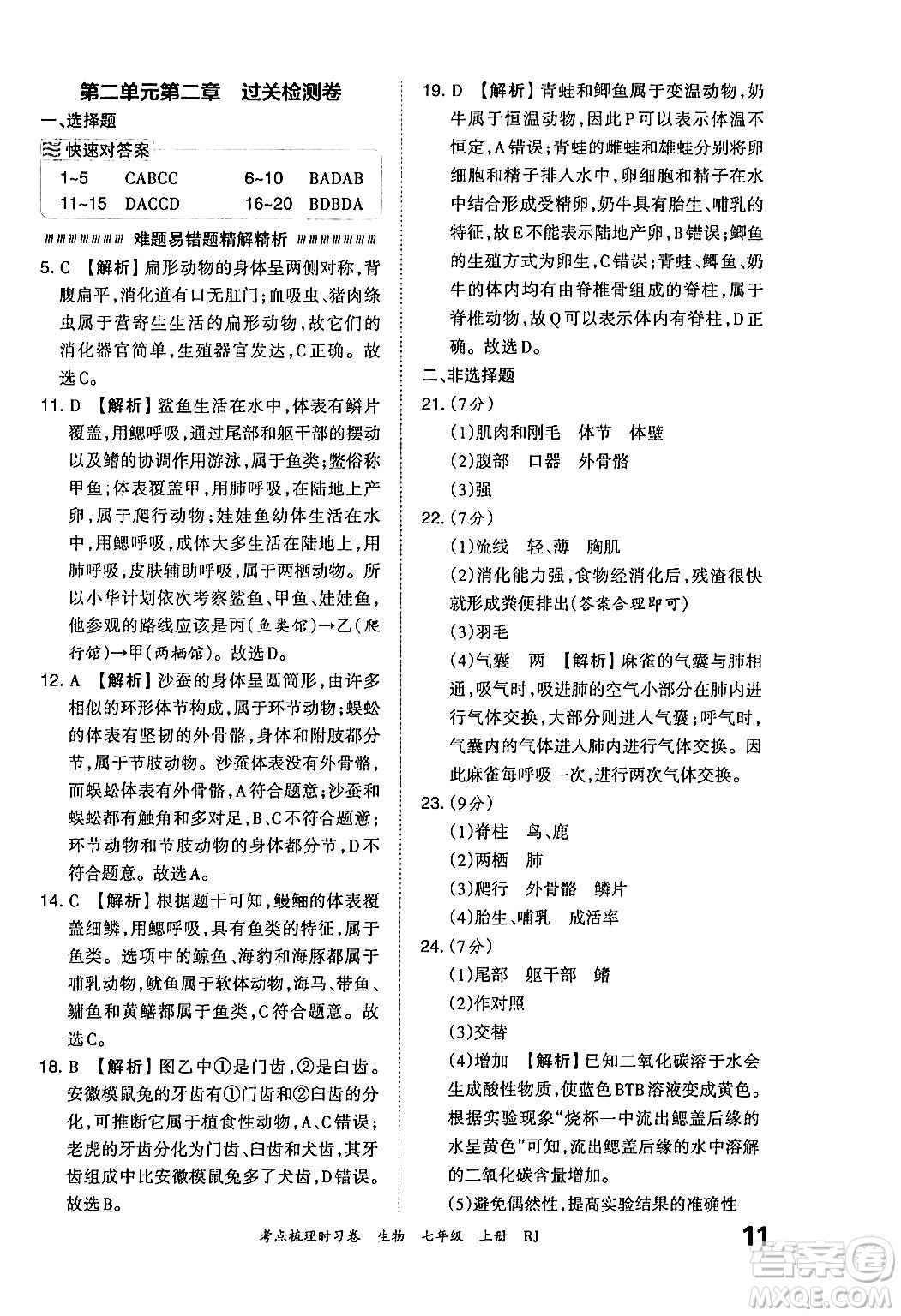 江西人民出版社2024年秋王朝霞考點梳理時習(xí)卷七年級生物上冊人教版答案