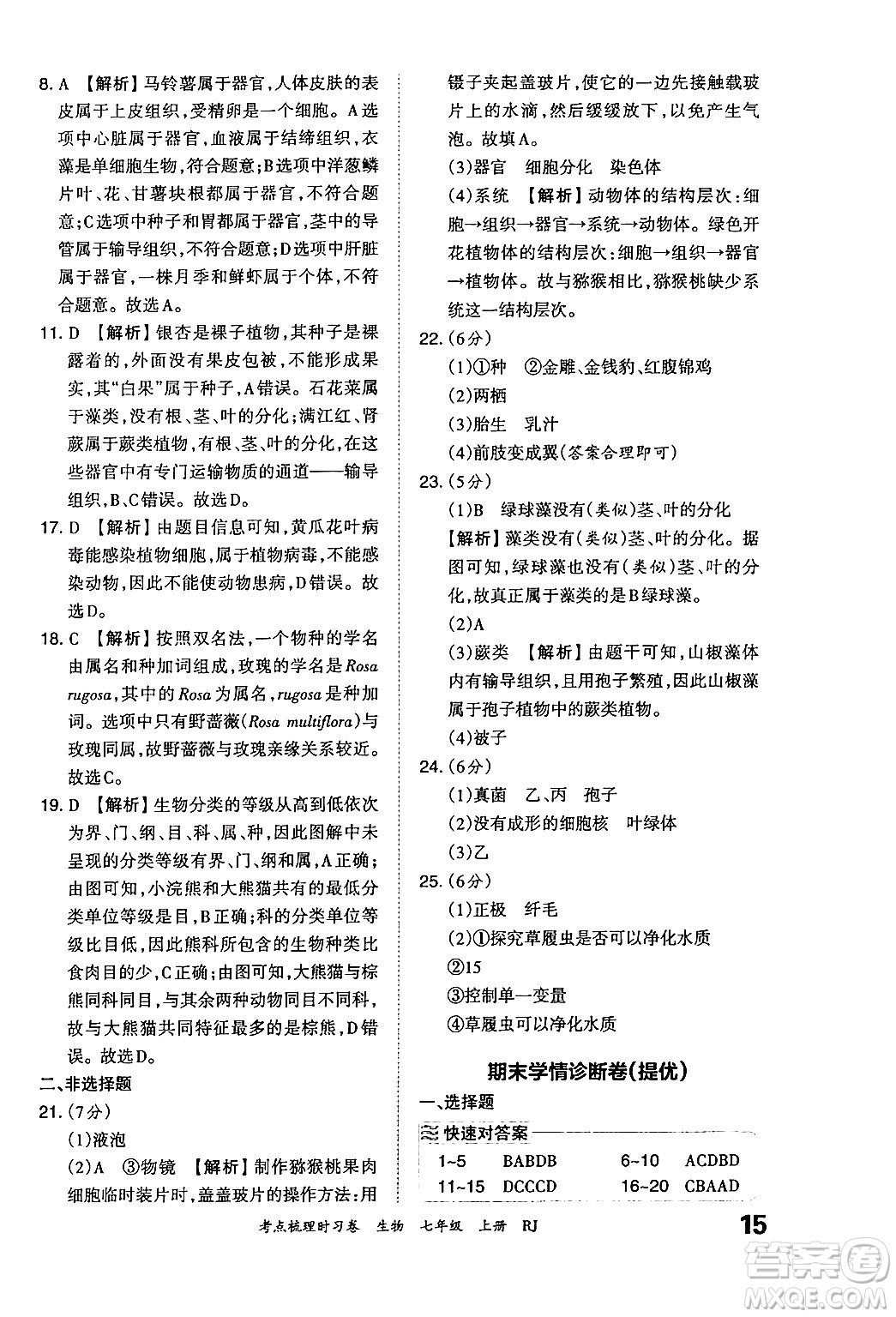 江西人民出版社2024年秋王朝霞考點梳理時習(xí)卷七年級生物上冊人教版答案