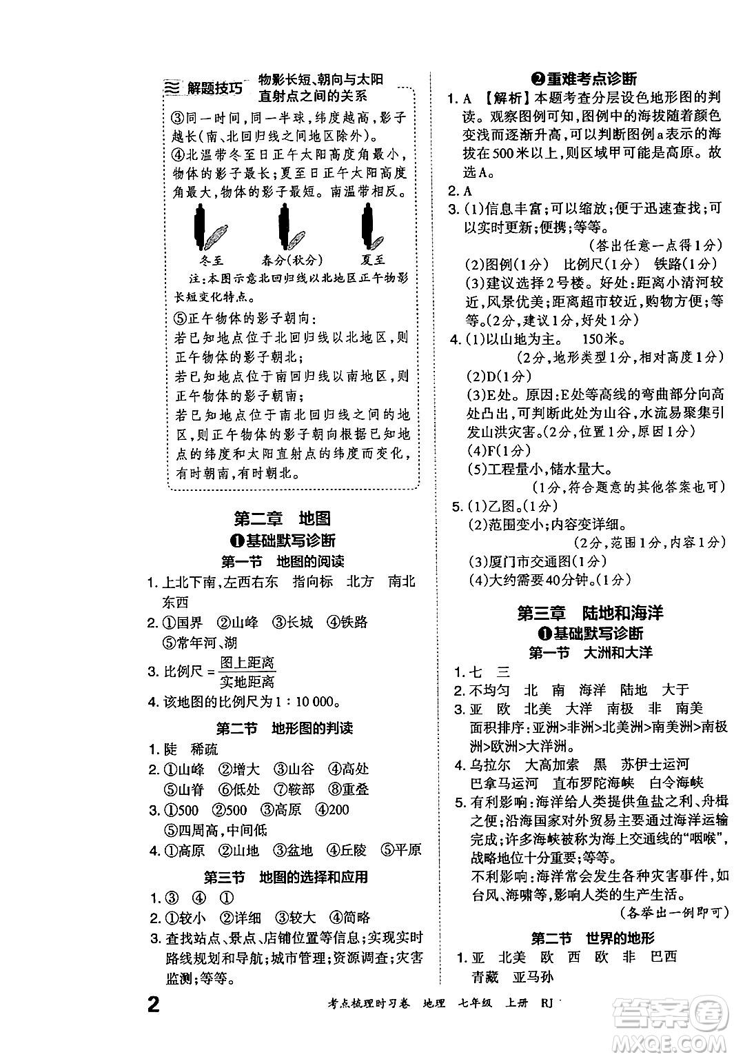 江西人民出版社2024年秋王朝霞考點(diǎn)梳理時(shí)習(xí)卷七年級(jí)地理上冊(cè)人教版答案