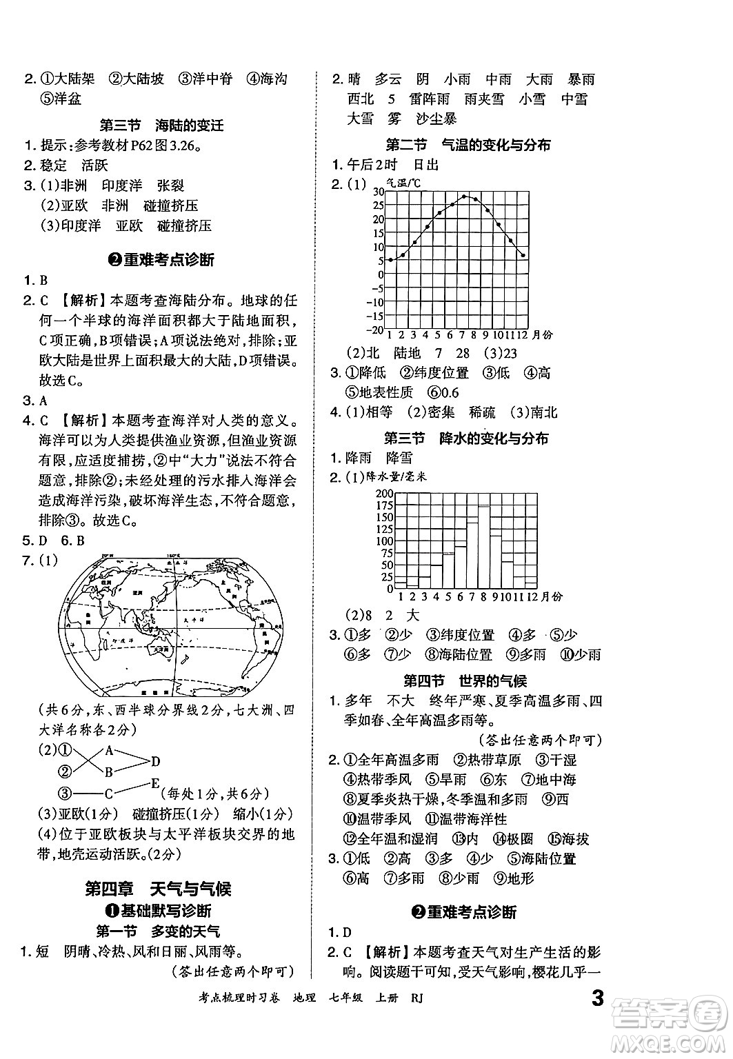 江西人民出版社2024年秋王朝霞考點(diǎn)梳理時(shí)習(xí)卷七年級(jí)地理上冊(cè)人教版答案