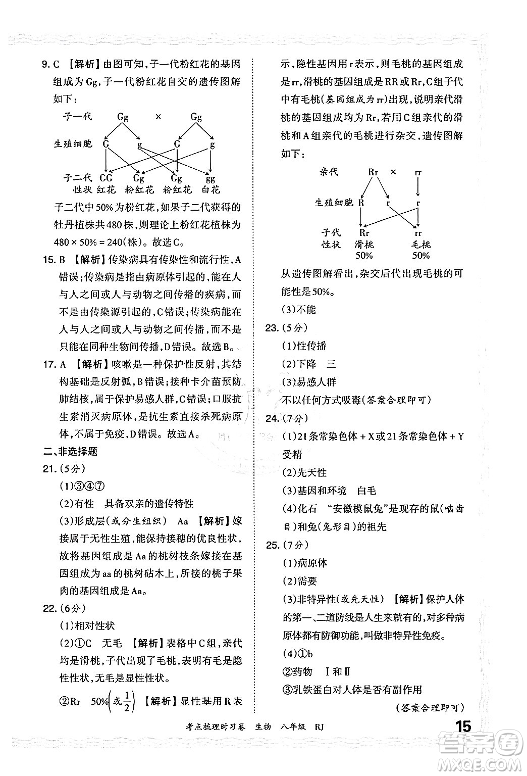 江西人民出版社2024年秋王朝霞考點梳理時習(xí)卷八年級生物上冊人教版答案