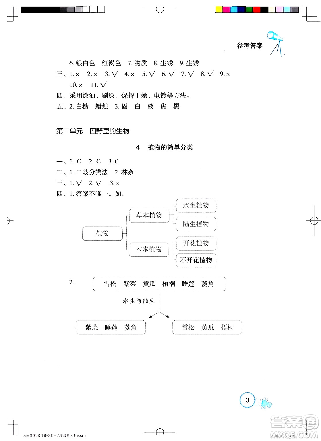 湖北教育出版社2024年秋長江作業(yè)本課堂作業(yè)六年級科學(xué)上冊人教版答案