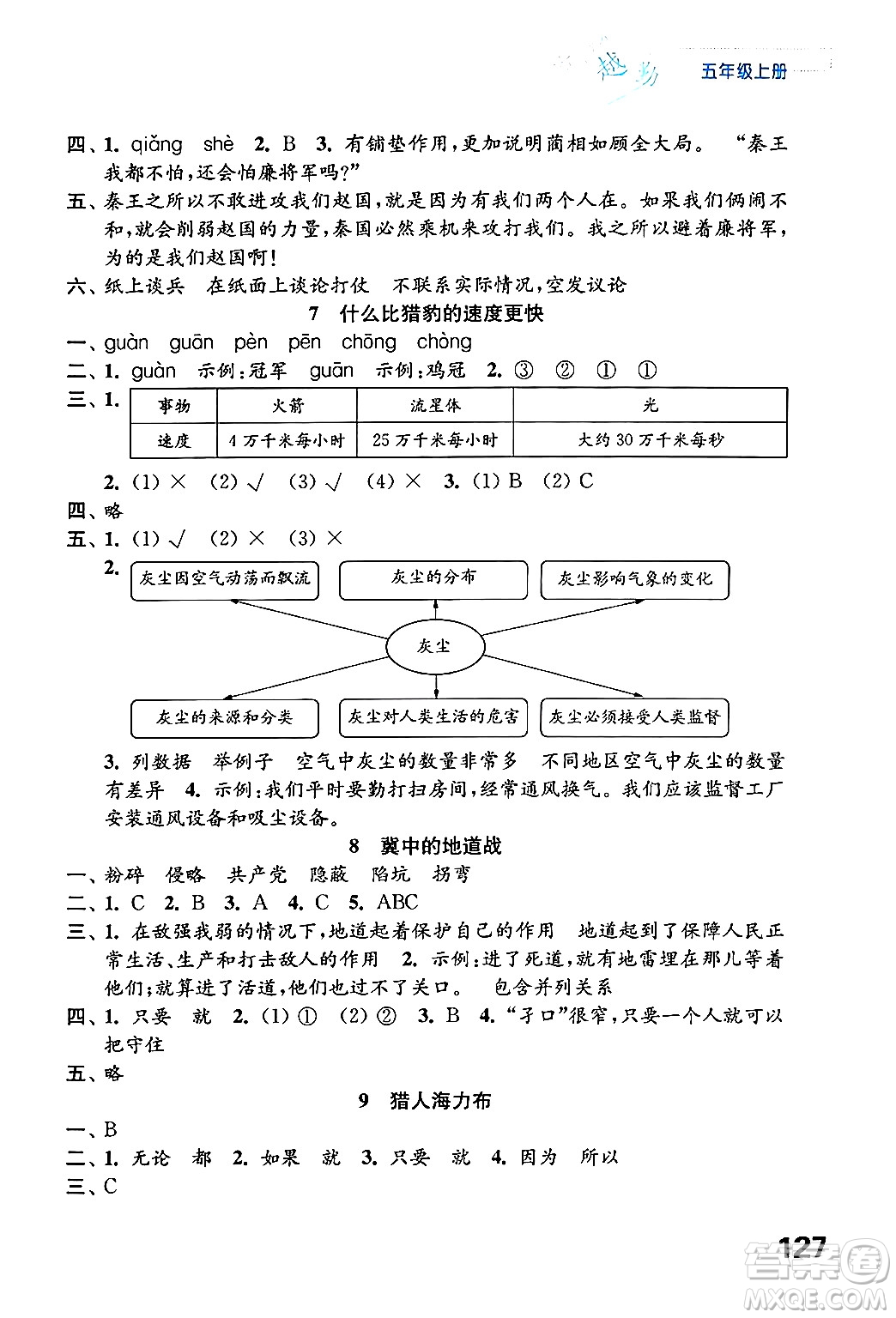 江蘇鳳凰教育出版社2024年秋練習(xí)與測試小學(xué)語文五年級語文上冊人教版答案