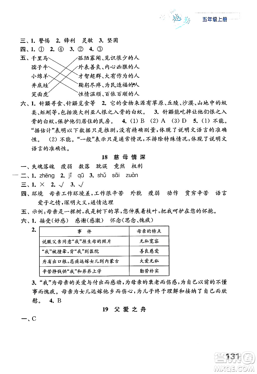 江蘇鳳凰教育出版社2024年秋練習(xí)與測試小學(xué)語文五年級語文上冊人教版答案