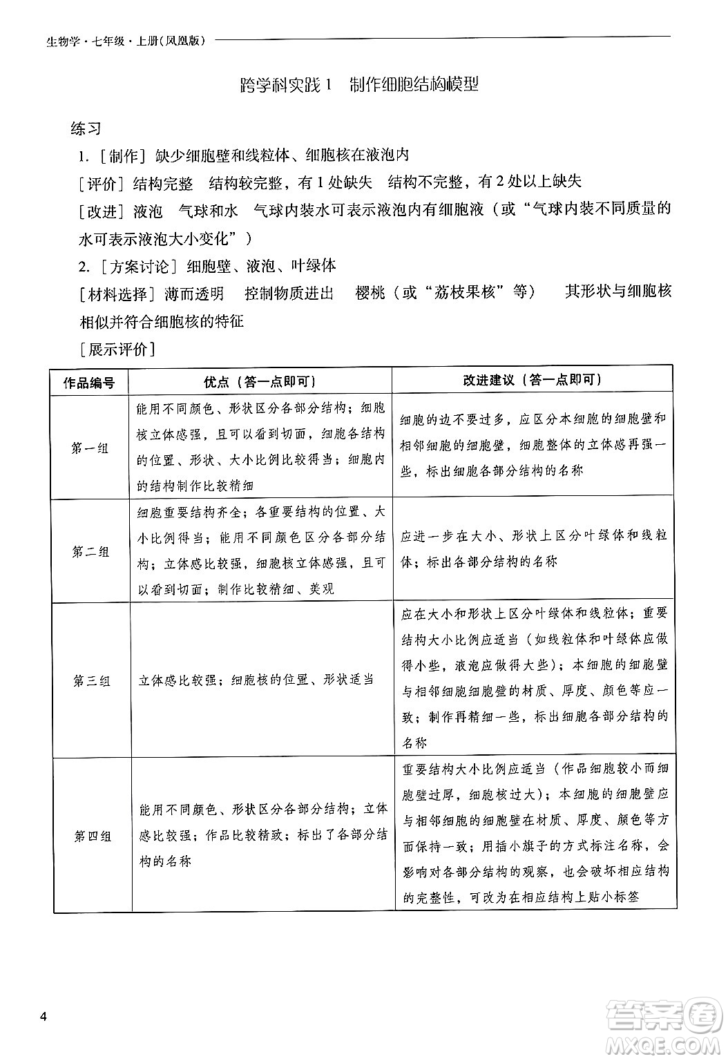 山西教育出版社2024年秋新課程問(wèn)題解決導(dǎo)學(xué)方案七年級(jí)生物上冊(cè)鳳凰版答案