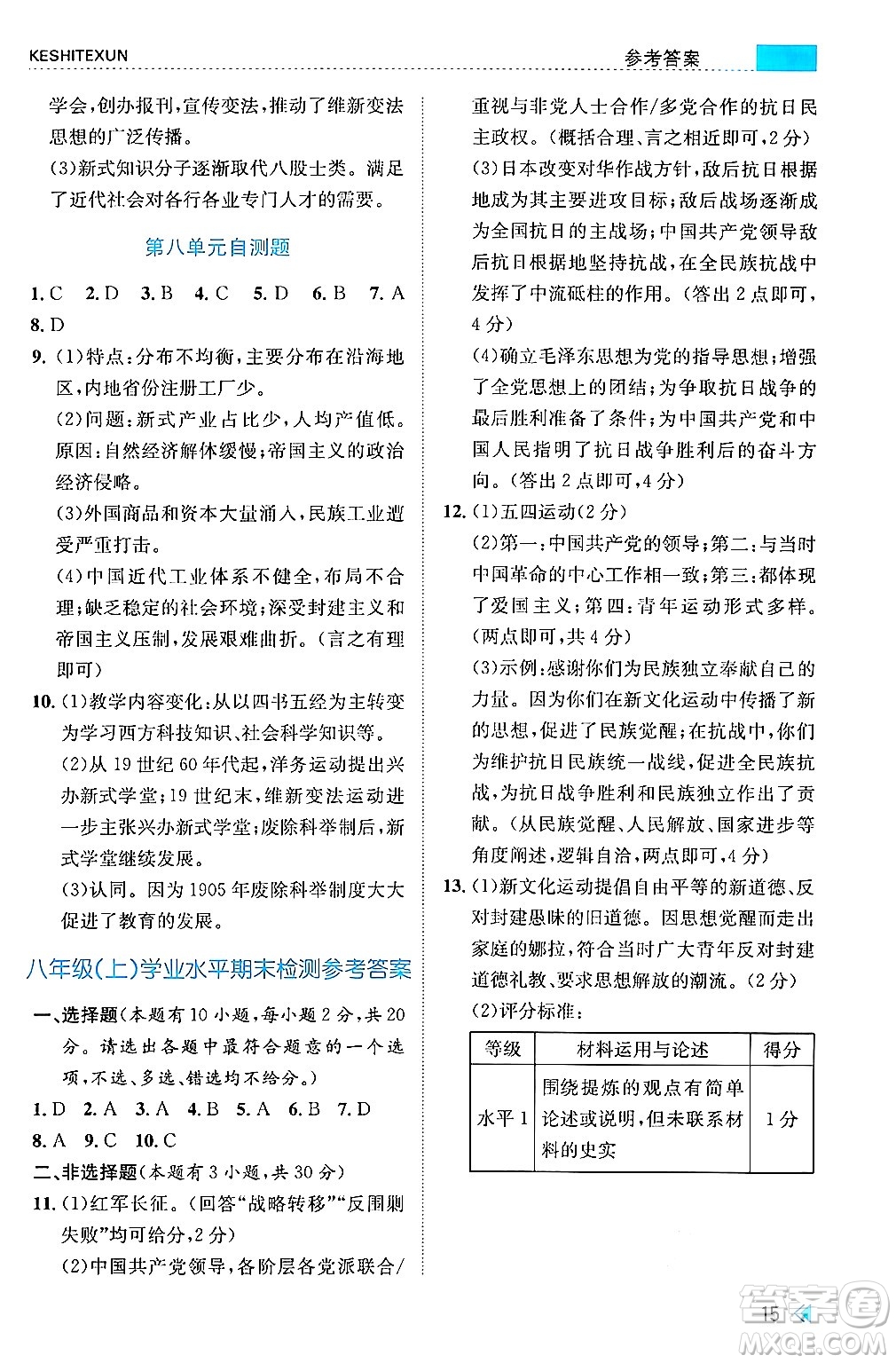 浙江人民出版社2024年秋課時(shí)特訓(xùn)八年級(jí)中國歷史上冊(cè)人教版答案