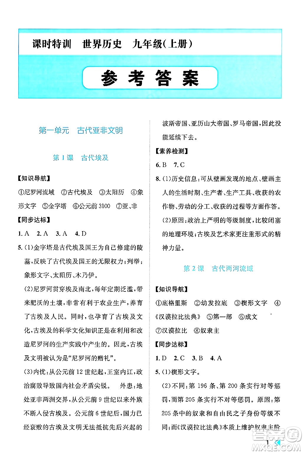 浙江人民出版社2024年秋課時(shí)特訓(xùn)九年級(jí)世界歷史上冊(cè)人教版答案