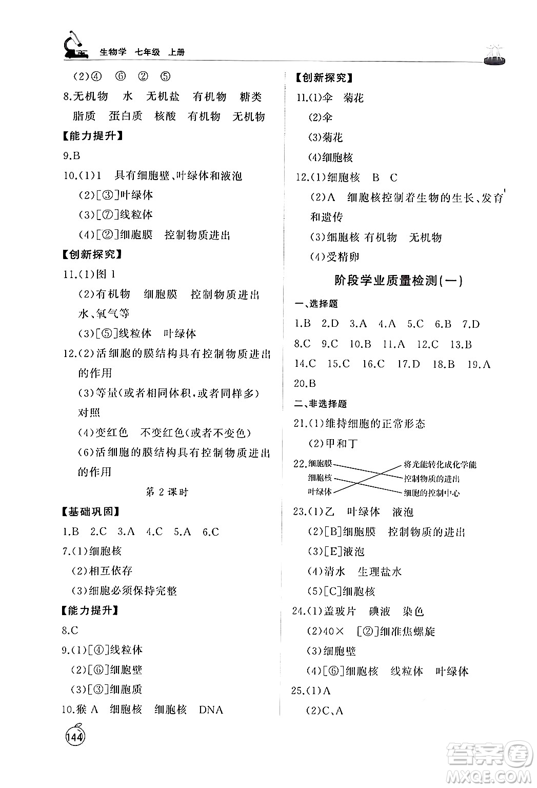 山東友誼出版社2024秋初中同步練習(xí)冊(cè)七年級(jí)生物上冊(cè)人教版山東專版答案