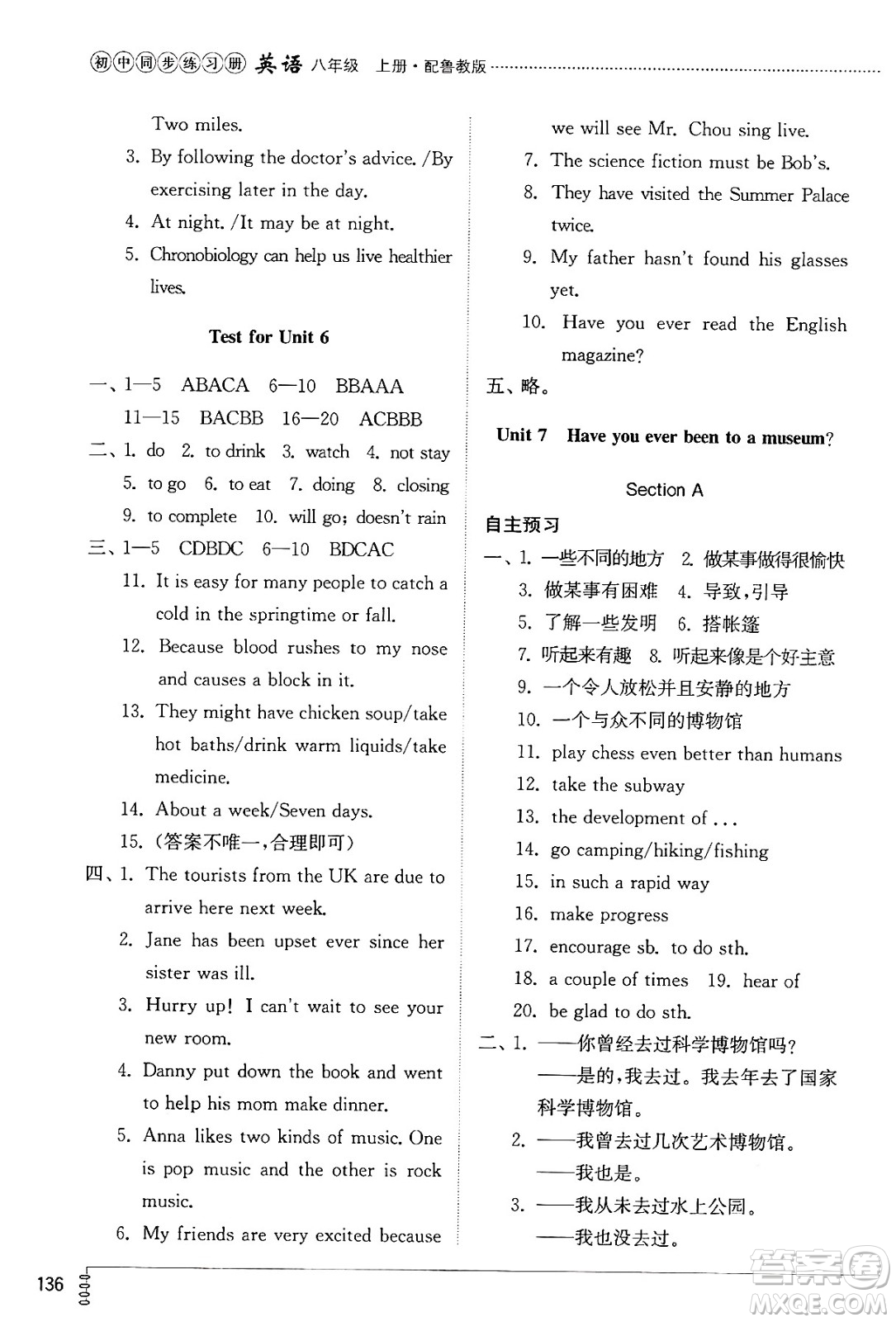 山東教育出版社2024秋初中同步練習(xí)冊八年級英語上冊魯教版五四制答案