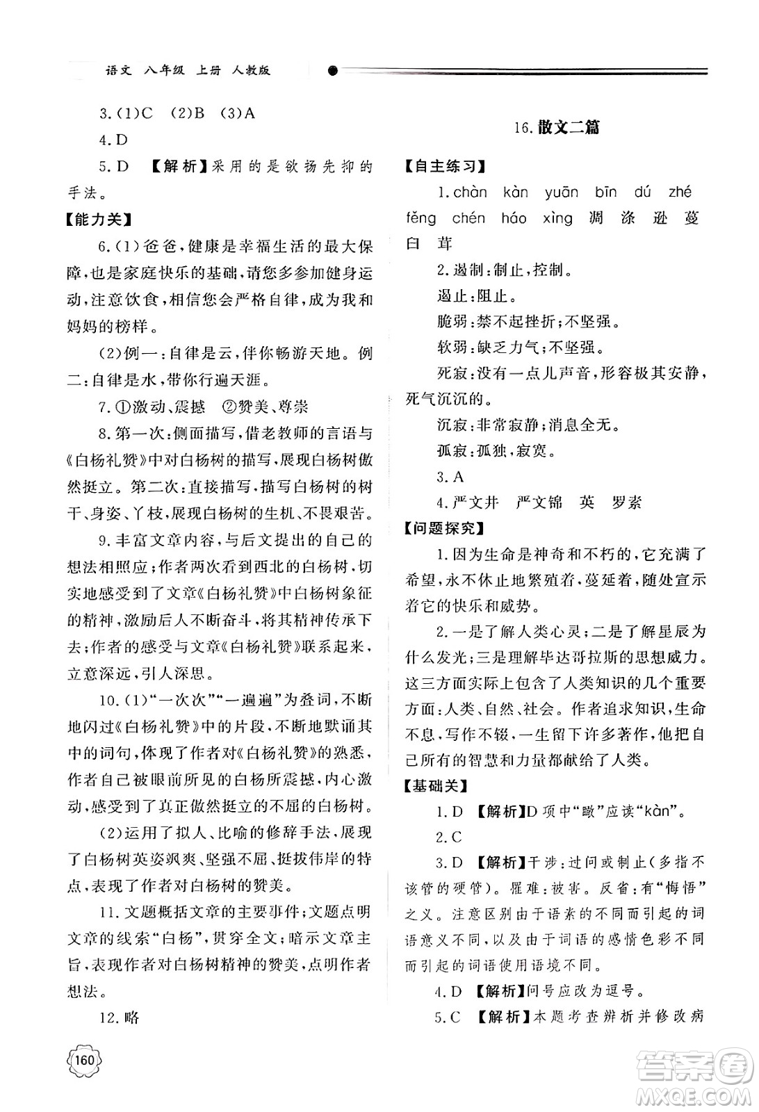 明天出版社2024秋初中同步練習(xí)冊八年級語文上冊人教版山東專版答案