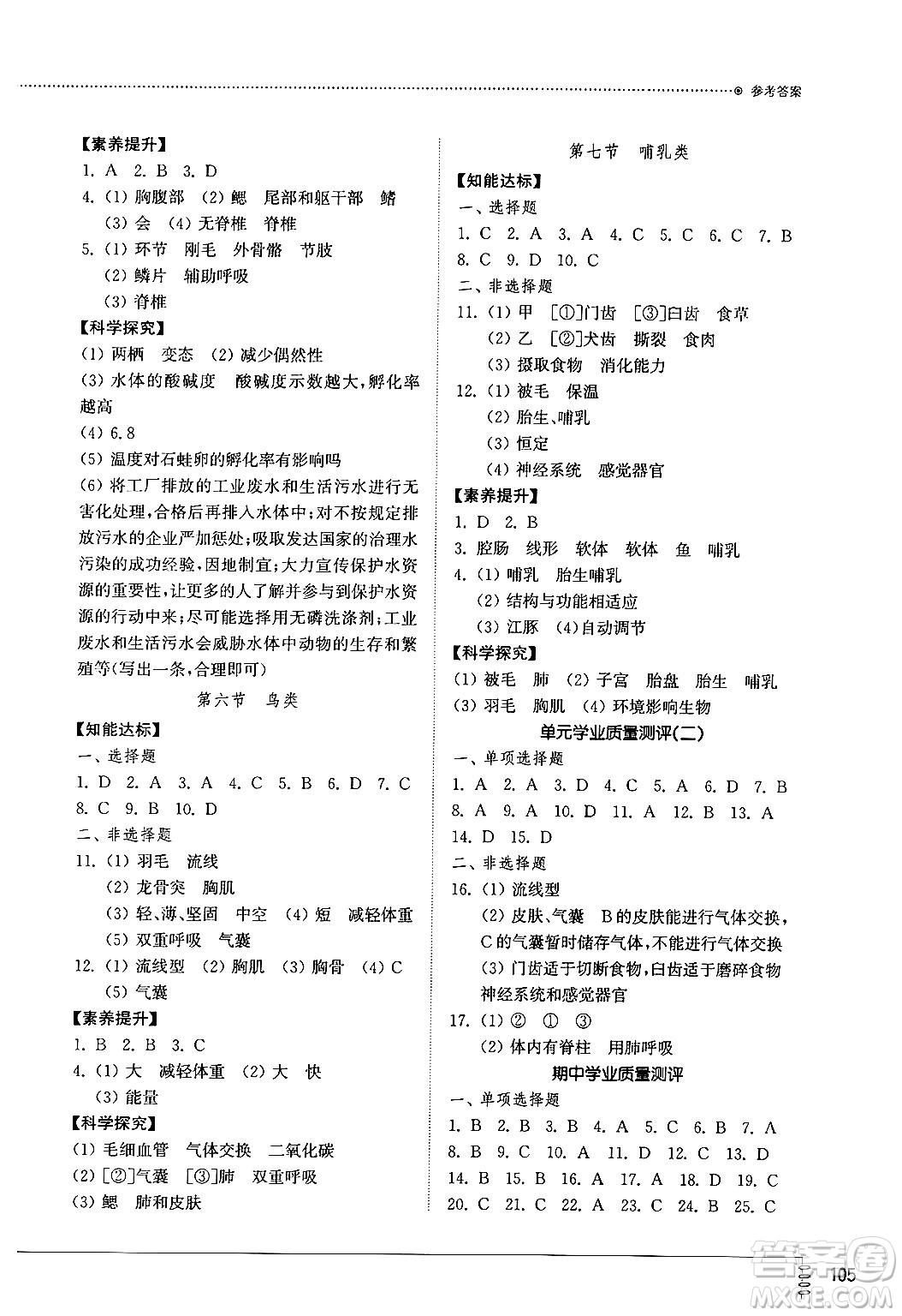 山東教育出版社2024秋初中同步練習(xí)冊(cè)八年級(jí)生物上冊(cè)魯科版五四制答案