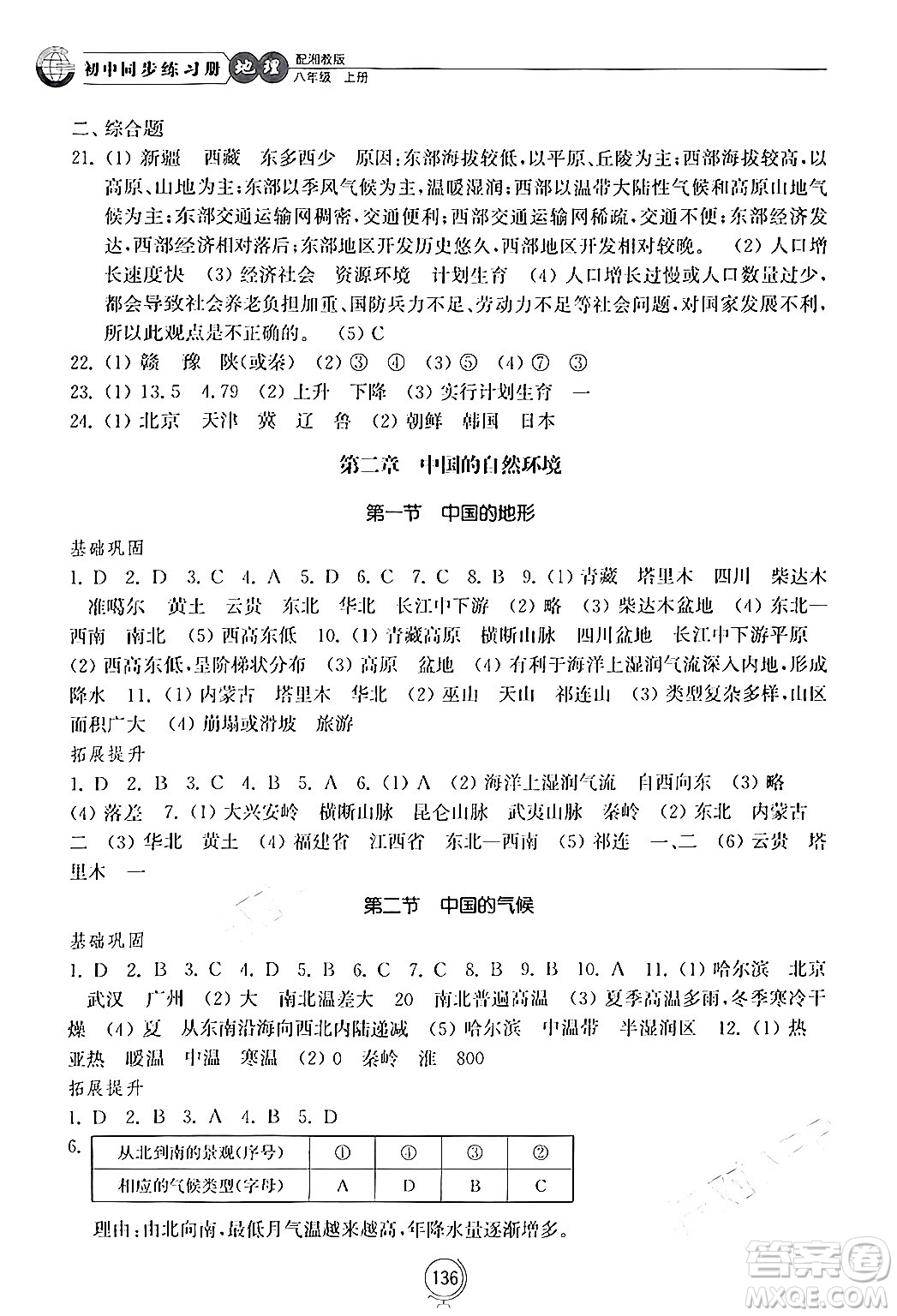 山東教育出版社2024秋初中同步練習(xí)冊八年級地理上冊湘教版答案