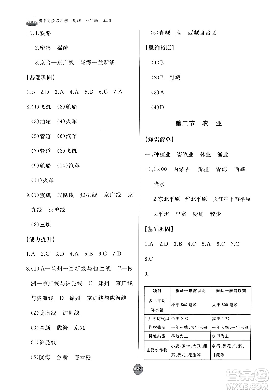 山東友誼出版社2024秋初中同步練習(xí)冊八年級地理上冊人教版山東專版答案