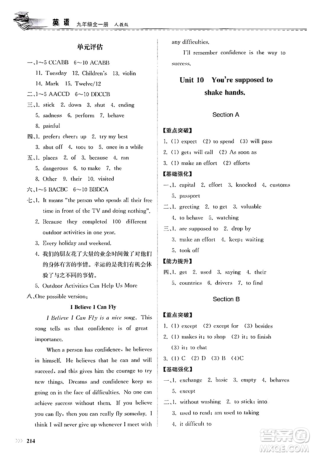 山東科學(xué)技術(shù)出版社2025秋初中同步練習(xí)冊九年級英語全一冊人教版山東專版答案