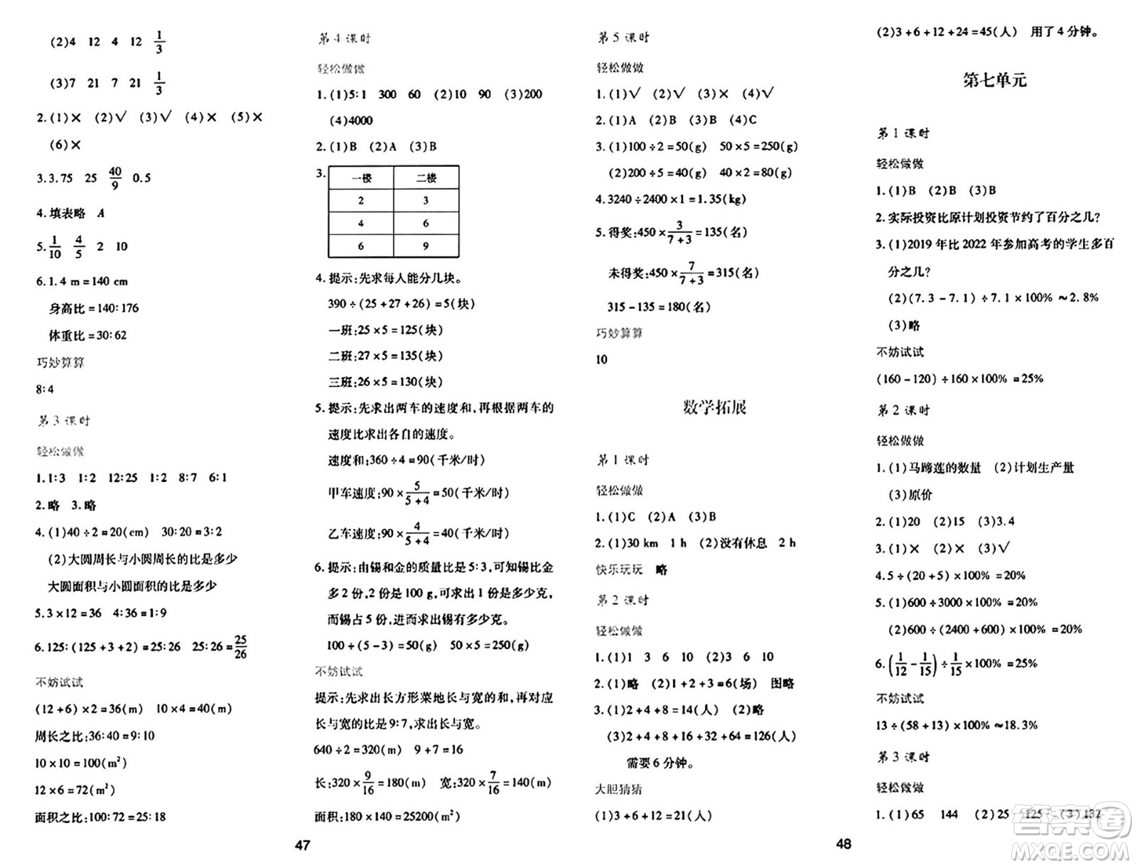 陜西人民教育出版社2024年秋學(xué)習(xí)與評價(jià)六年級數(shù)學(xué)上冊北師大版C版答案