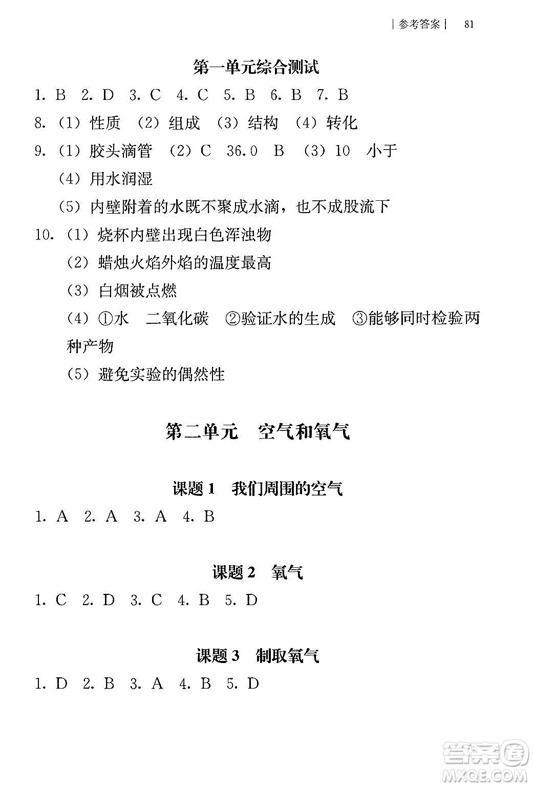 人民教育出版社2024年秋補(bǔ)充習(xí)題九年級(jí)化學(xué)上冊(cè)人教版答案