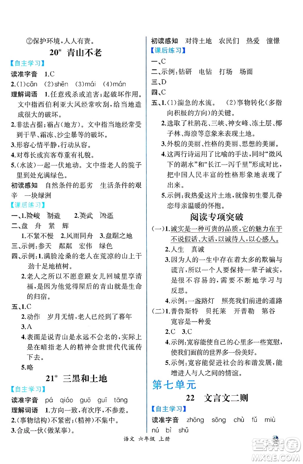 人民教育出版社2024年秋人教金學(xué)典同步練習(xí)冊同步解析與測評六年級語文上冊人教版云南專版答案