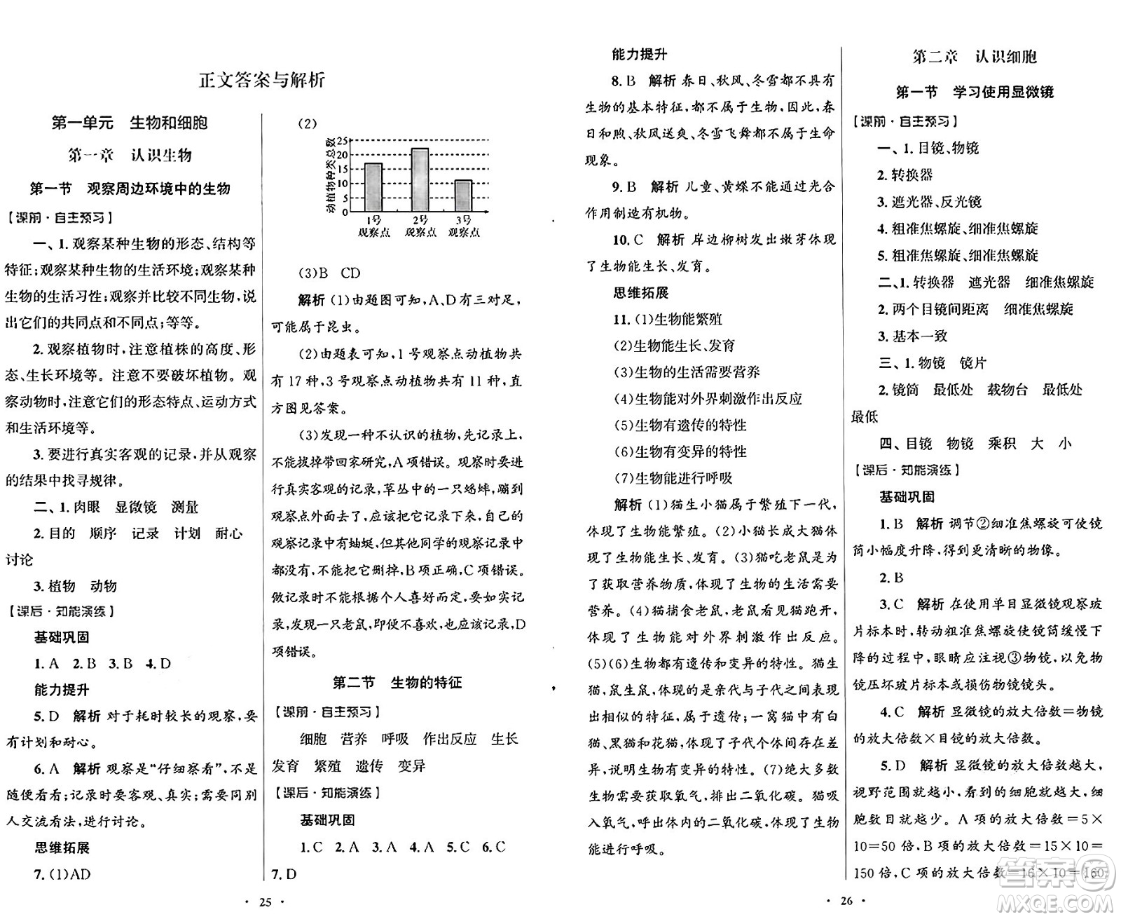 人民教育出版社2024年秋初中同步測(cè)控優(yōu)化設(shè)計(jì)七年級(jí)生物上冊(cè)人教版福建專版答案