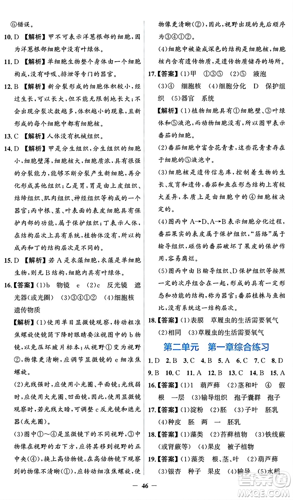 人民教育出版社2024年秋同步解析與測評學(xué)練考七年級生物上冊人教版答案