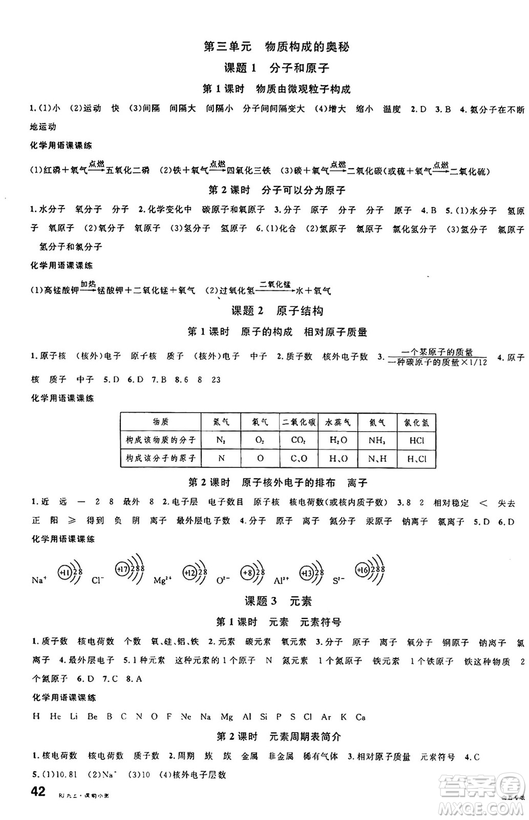 甘肅少年兒童出版社2024年秋名校課堂九年級化學(xué)上冊人教版山西專版答案