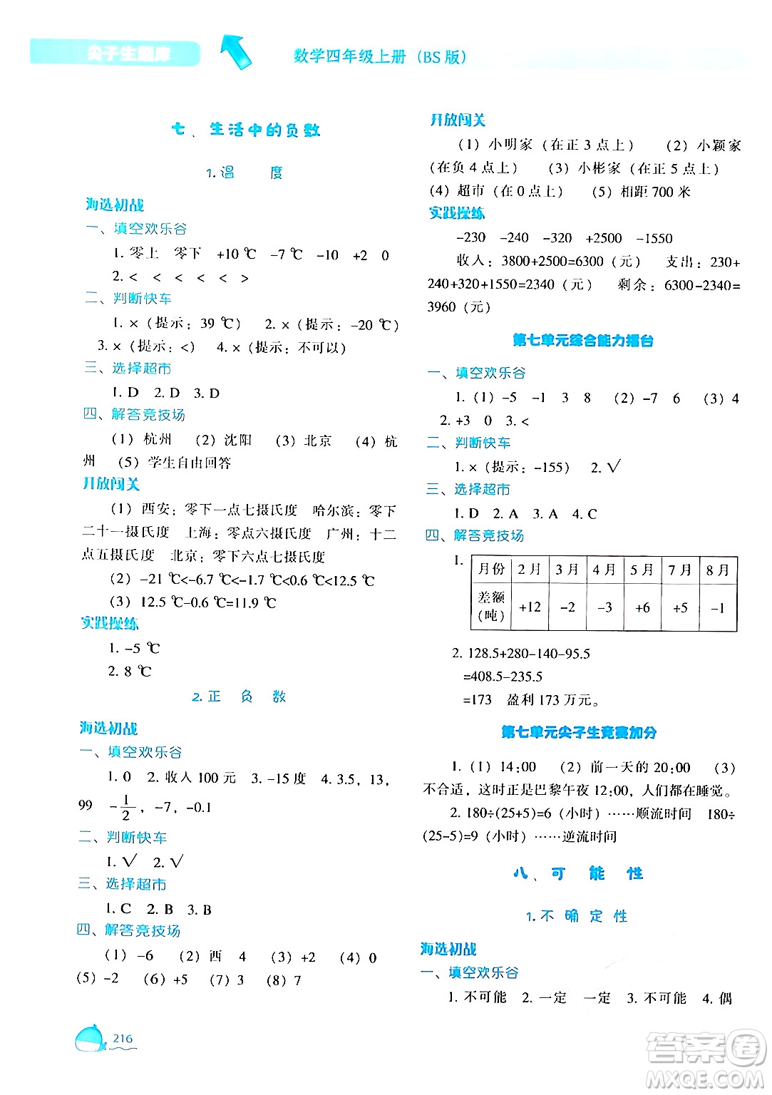 遼寧教育出版社2024年秋尖子生題庫(kù)四年級(jí)數(shù)學(xué)上冊(cè)北師大版答案