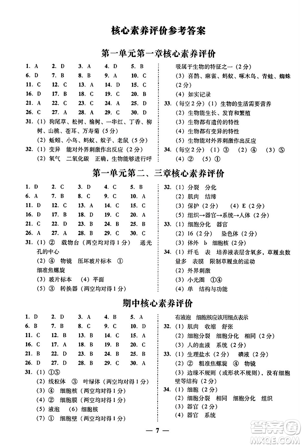 廣東教育出版社2024年秋南粵學(xué)典學(xué)考精練七年級(jí)生物上冊(cè)人教版答案