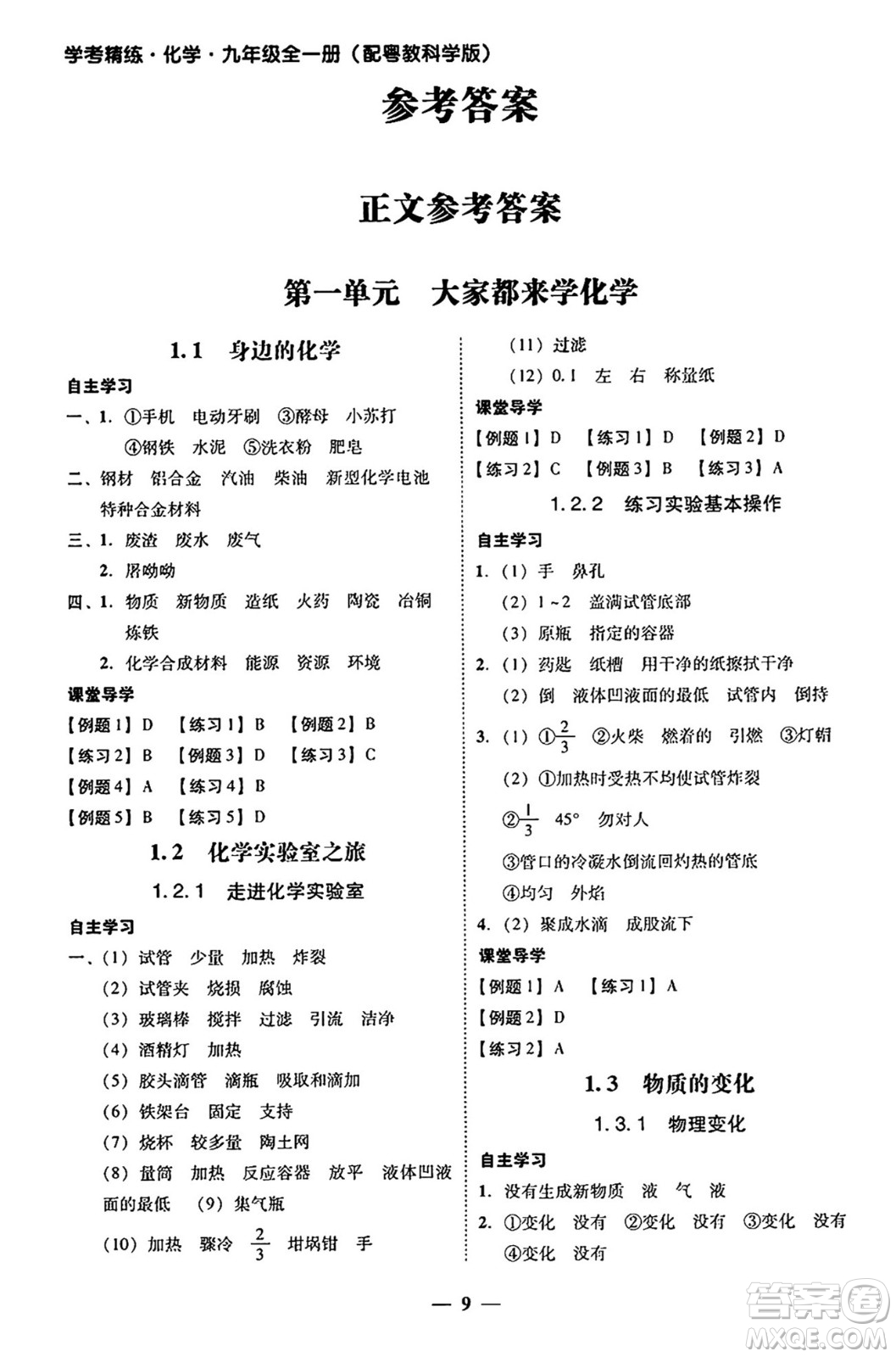 廣東教育出版社2025年秋南粵學(xué)典學(xué)考精練九年級化學(xué)全一冊科粵版答案