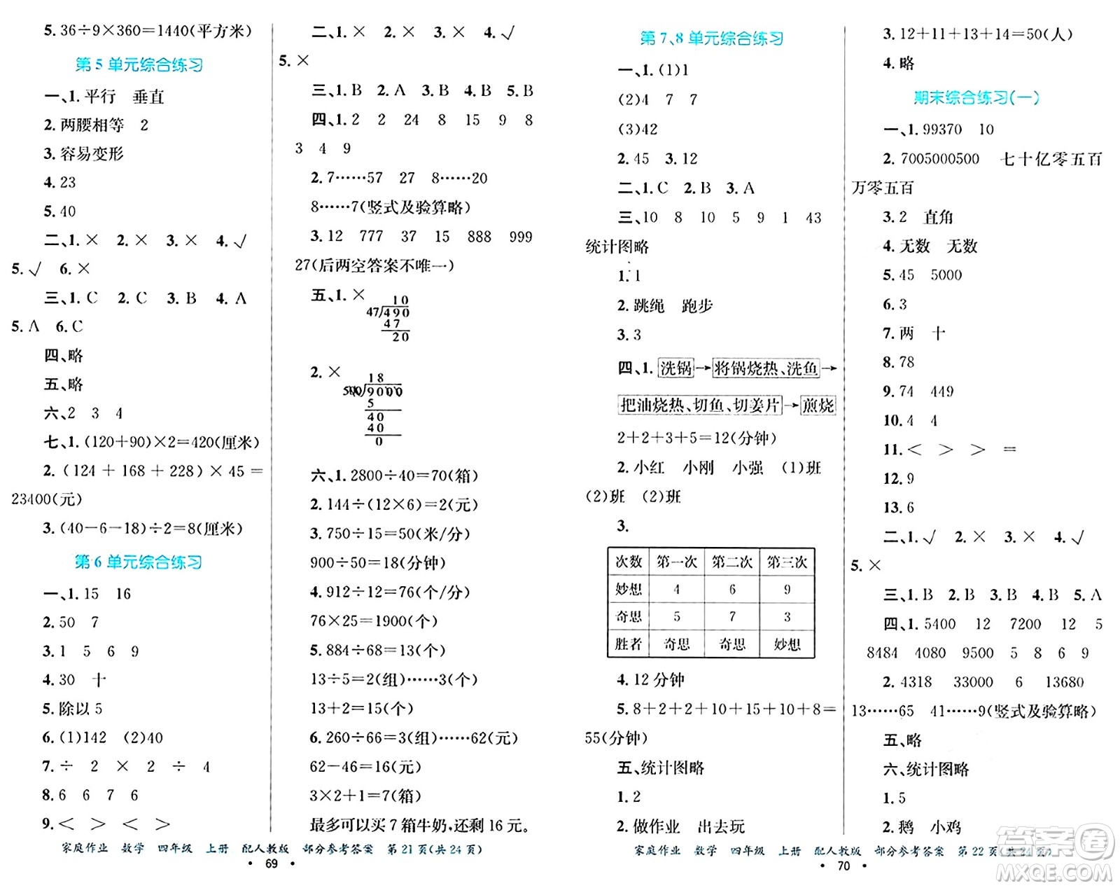 貴州教育出版社2024年秋家庭作業(yè)四年級數(shù)學(xué)上冊人教版答案