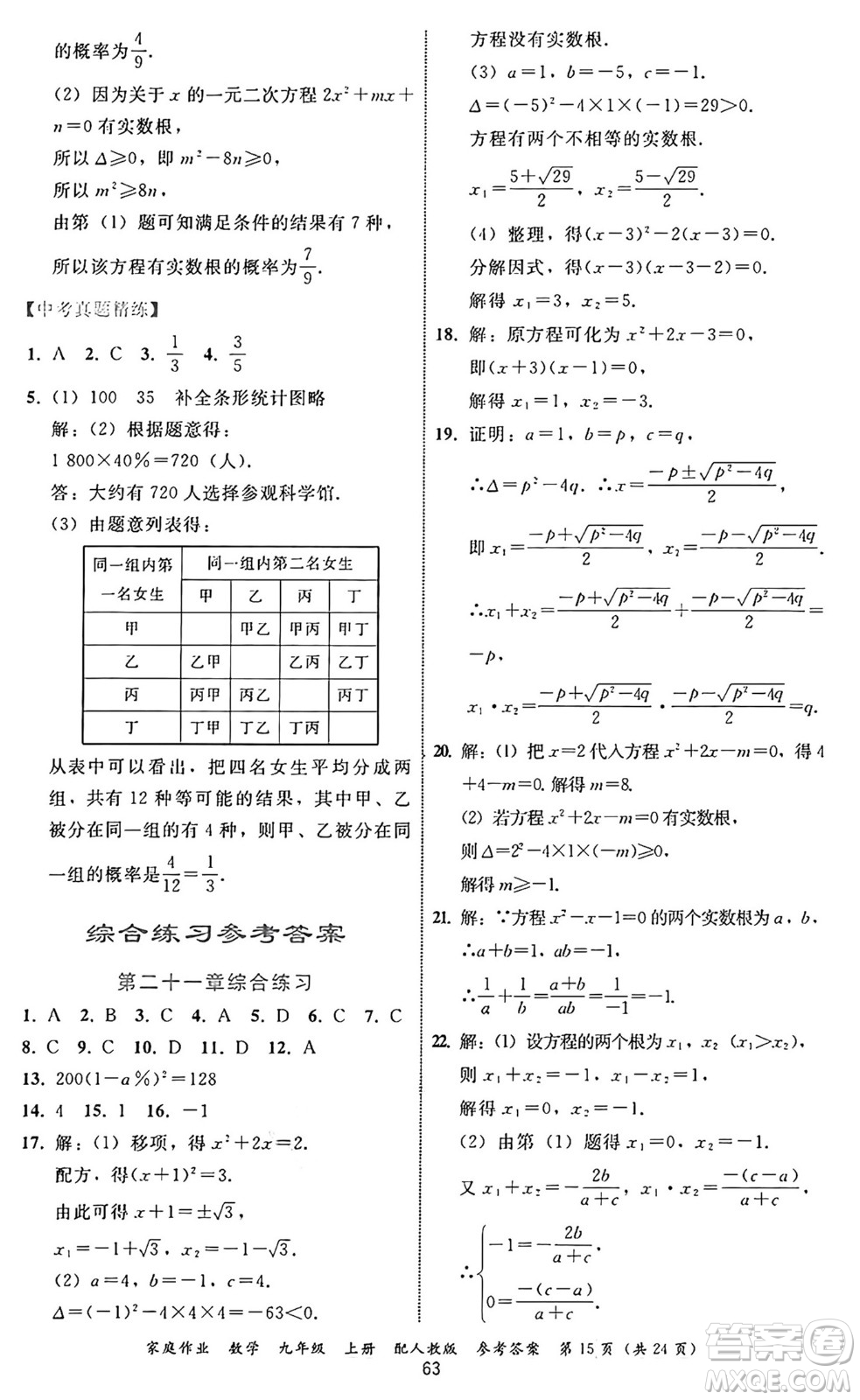 貴州教育出版社2024年秋家庭作業(yè)九年級數(shù)學上冊人教版答案