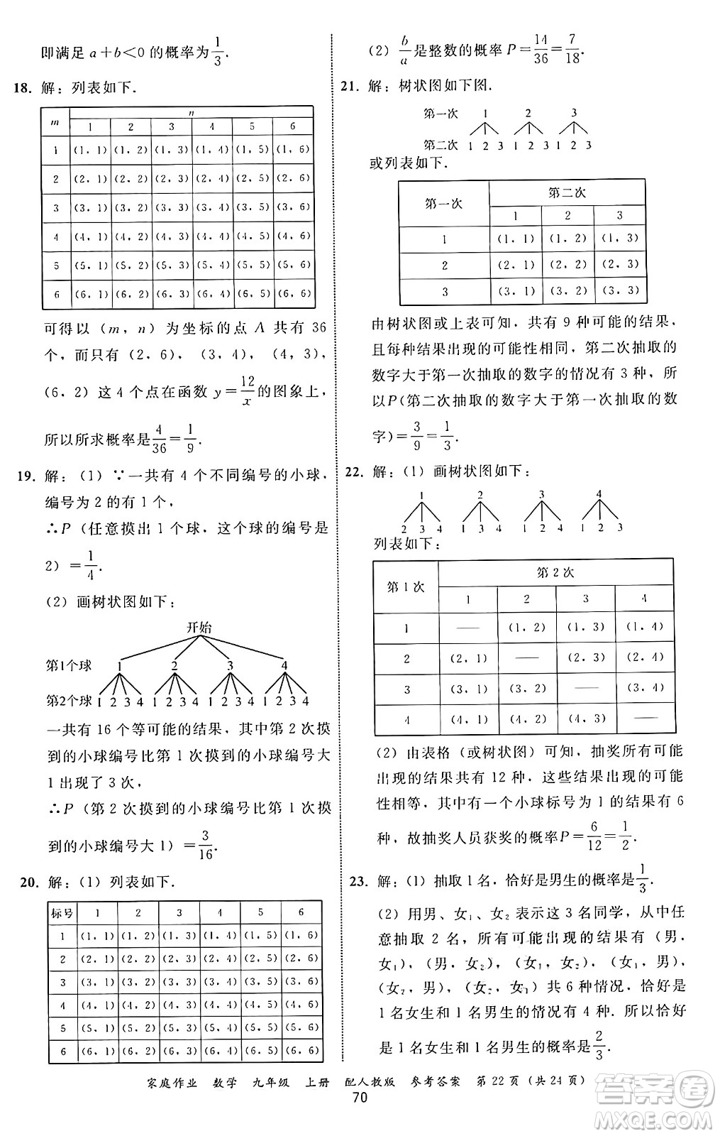 貴州教育出版社2024年秋家庭作業(yè)九年級數(shù)學上冊人教版答案