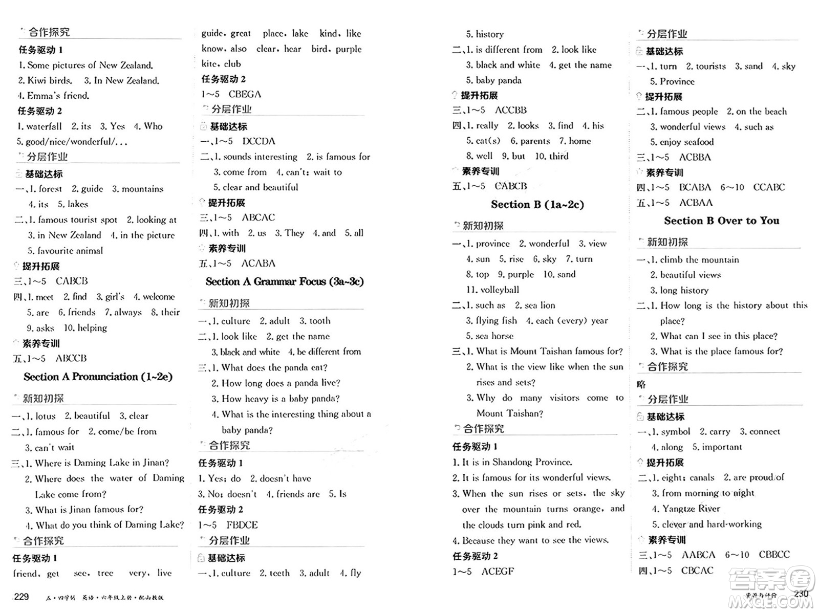 黑龍江教育出版社2024年秋資源與評價六年級英語上冊山教版黑龍江專版五四制答案