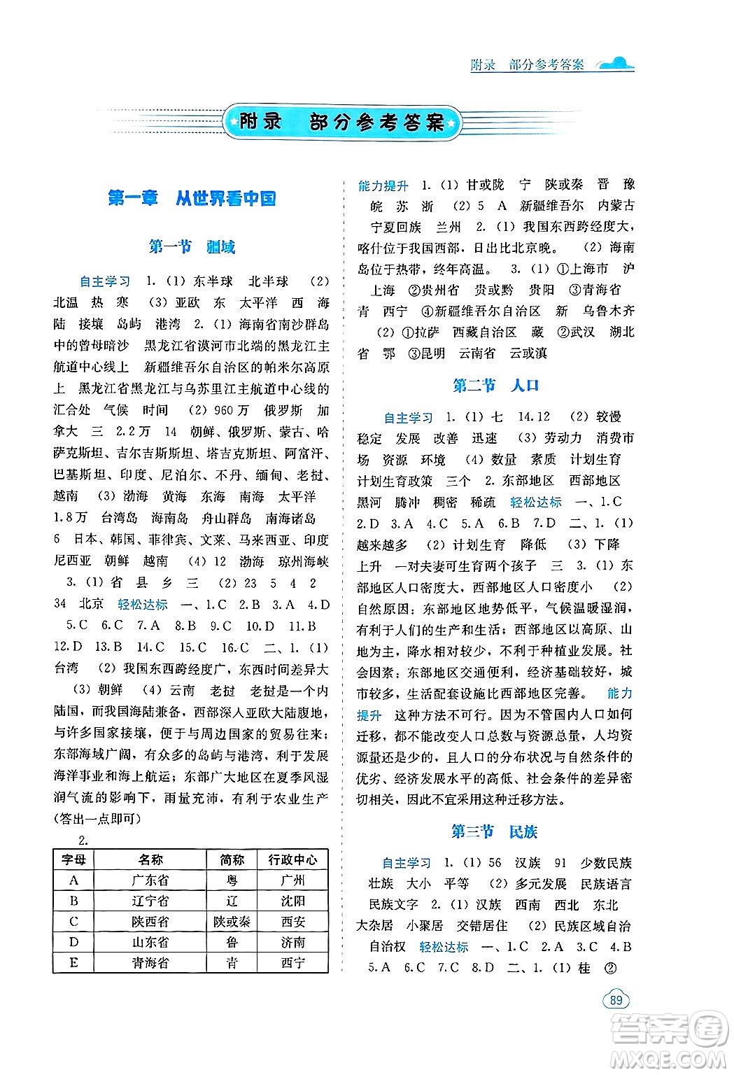 廣西教育出版社2024年秋自主學習能力測評八年級地理上冊人教版答案