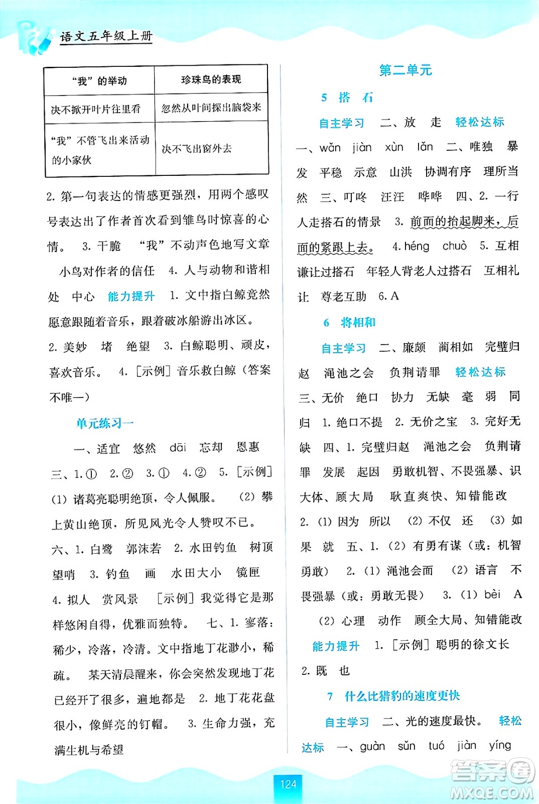 廣西教育出版社2024年秋自主學(xué)習(xí)能力測(cè)評(píng)五年級(jí)語(yǔ)文上冊(cè)人教版答案