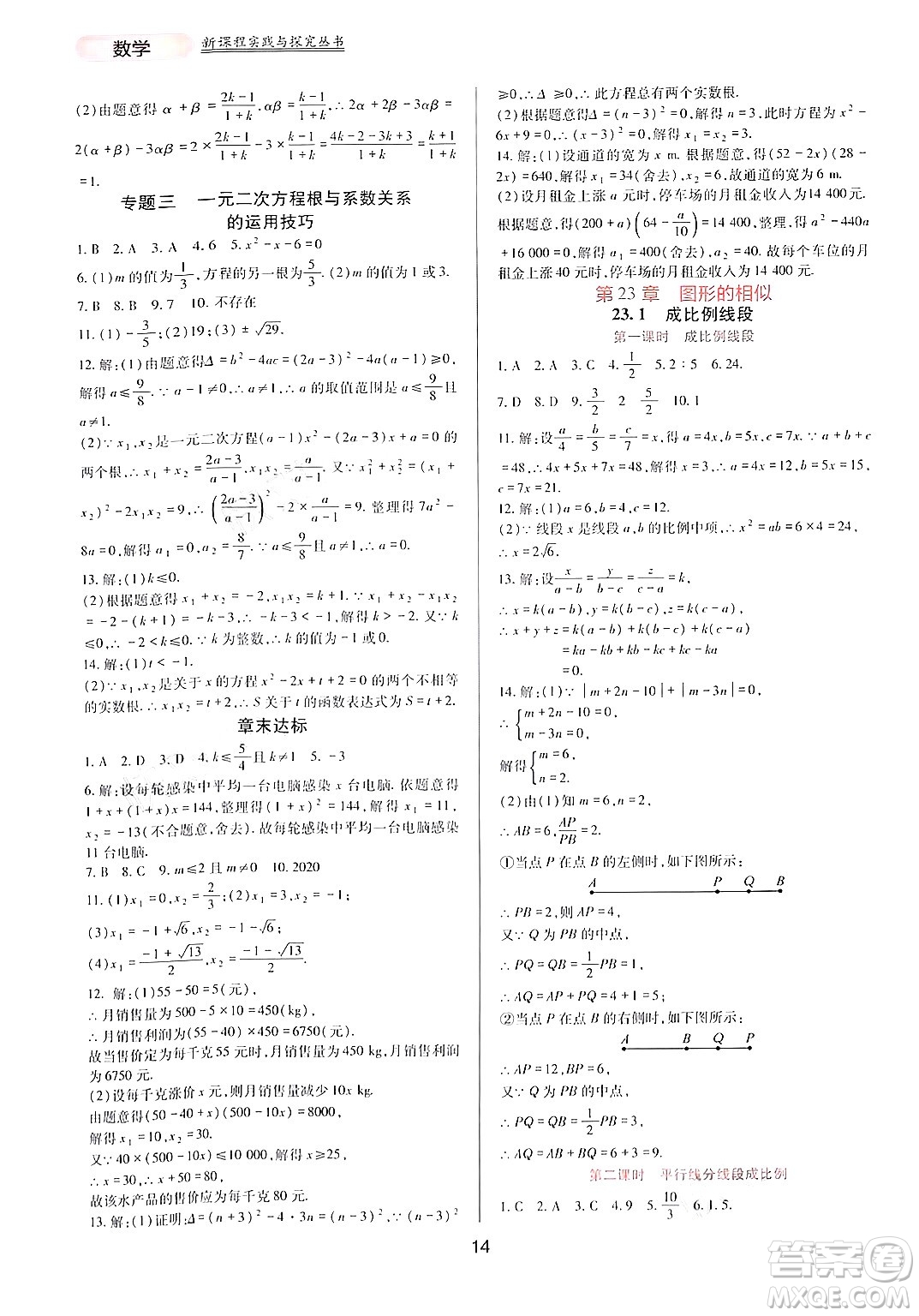 四川教育出版社2024年秋新課程實(shí)踐與探究叢書九年級數(shù)學(xué)上冊華師大版答案