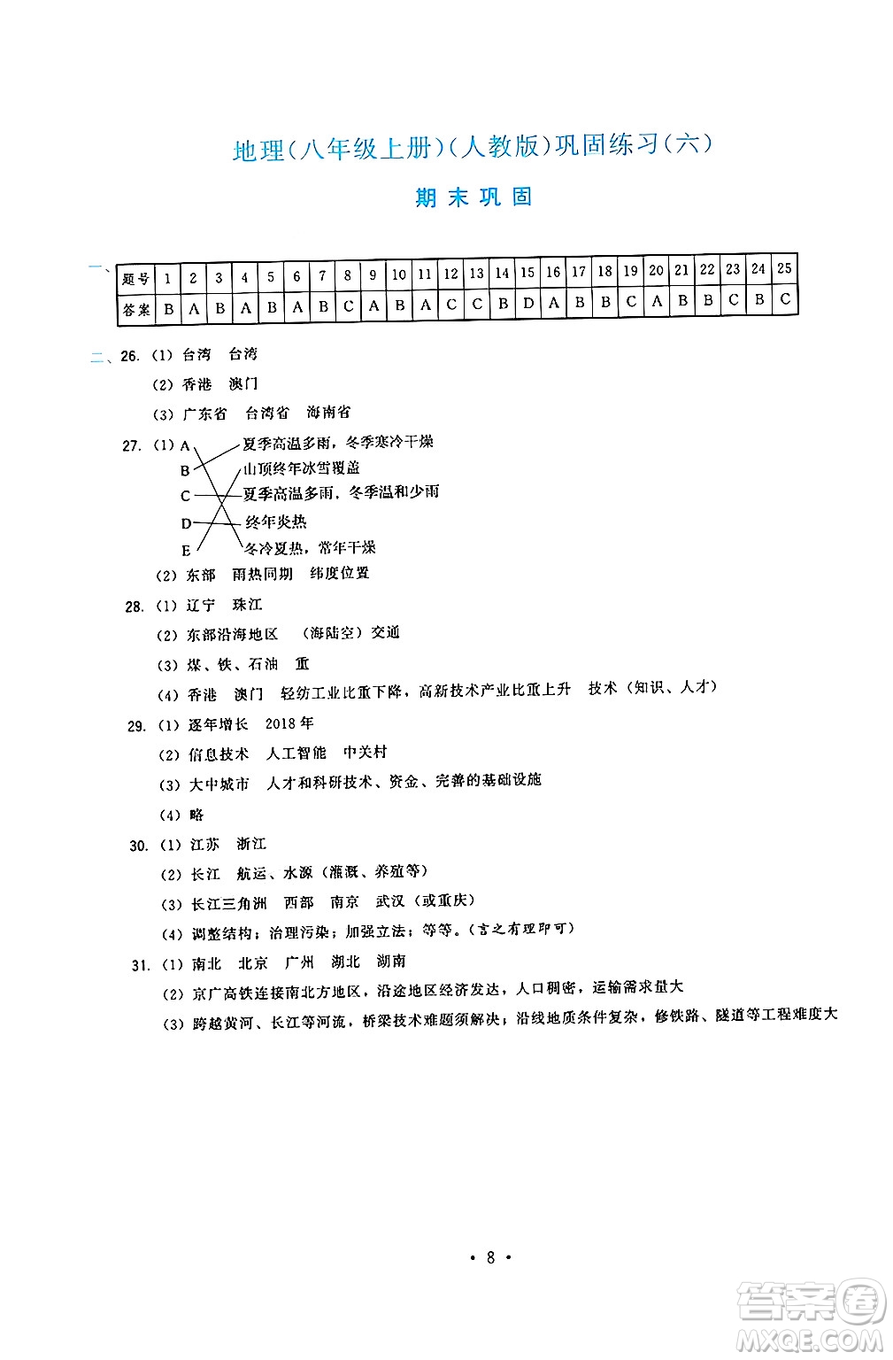 福建人民出版社2024年秋頂尖課課練八年級地理上冊人教版答案