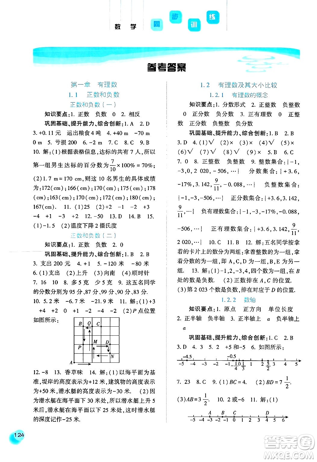 河北人民出版社2024年秋同步訓(xùn)練七年級數(shù)學(xué)上冊人教版答案