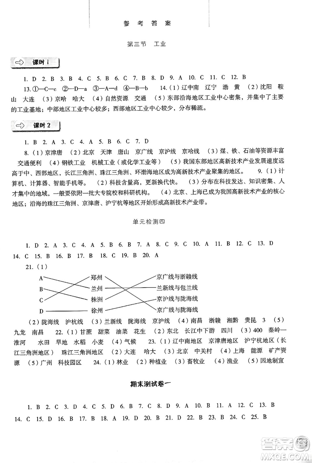 河北人民出版社2024年秋同步訓(xùn)練八年級(jí)地理上冊(cè)人教版答案