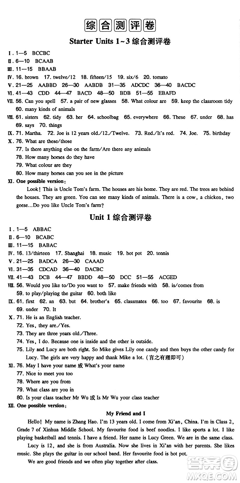 湖南教育出版社2024年秋一本同步訓(xùn)練七年級英語上冊人教版答案