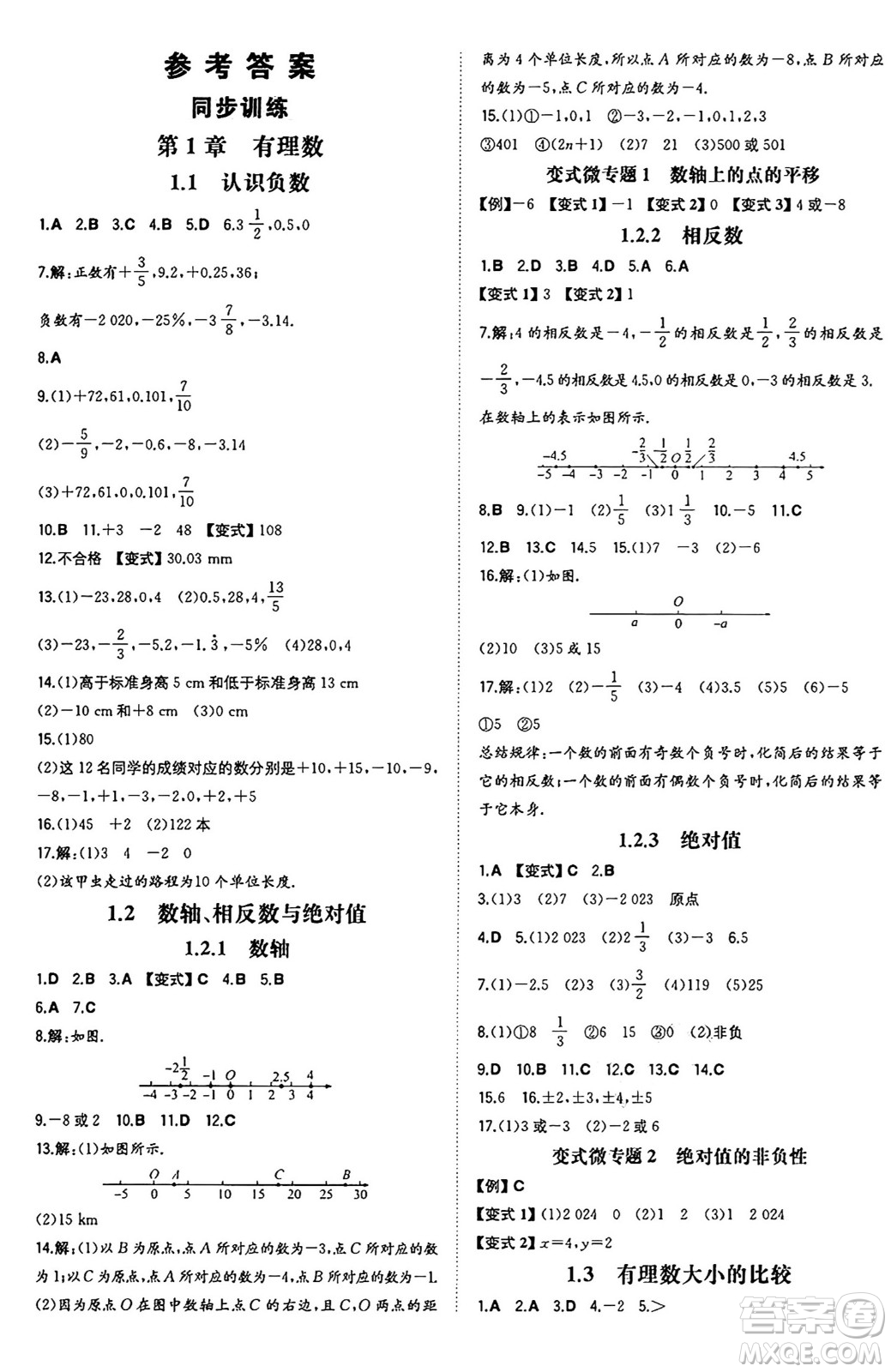 湖南教育出版社2024年秋一本同步訓(xùn)練七年級數(shù)學(xué)上冊湘教版答案