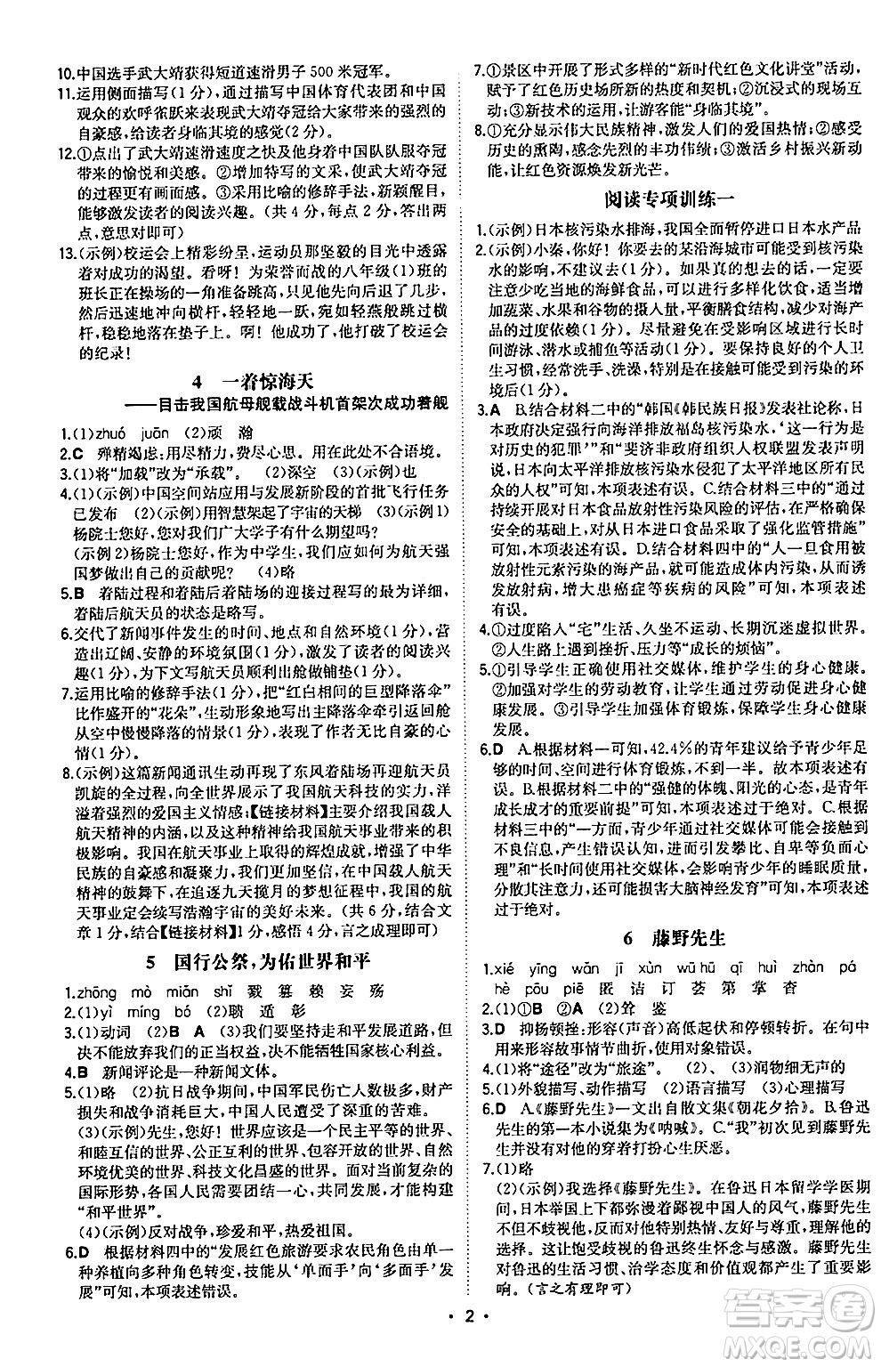 湖南教育出版社2024年秋一本同步訓(xùn)練八年級(jí)語(yǔ)文上冊(cè)人教版陜西專版答案