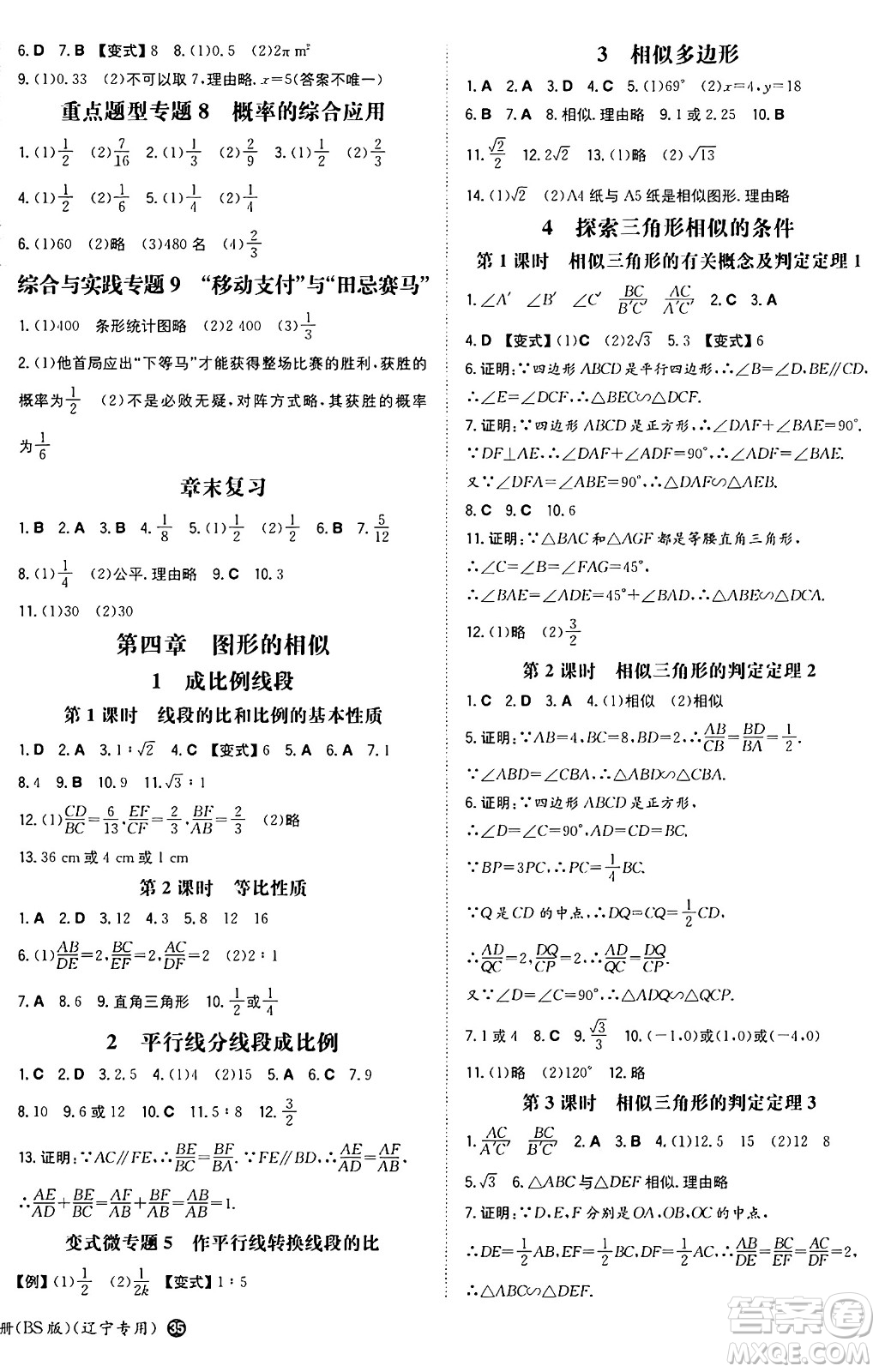 湖南教育出版社2024年秋一本同步訓(xùn)練九年級(jí)數(shù)學(xué)上冊(cè)北師大版遼寧專版答案