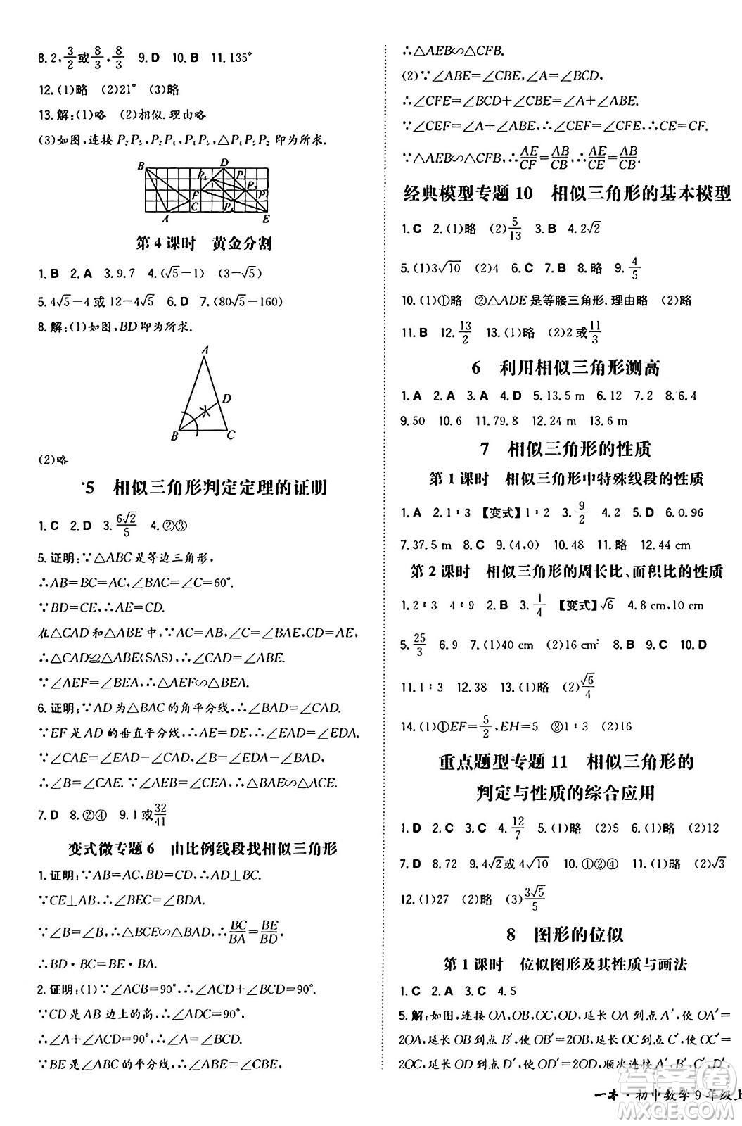 湖南教育出版社2024年秋一本同步訓(xùn)練九年級(jí)數(shù)學(xué)上冊(cè)北師大版遼寧專版答案