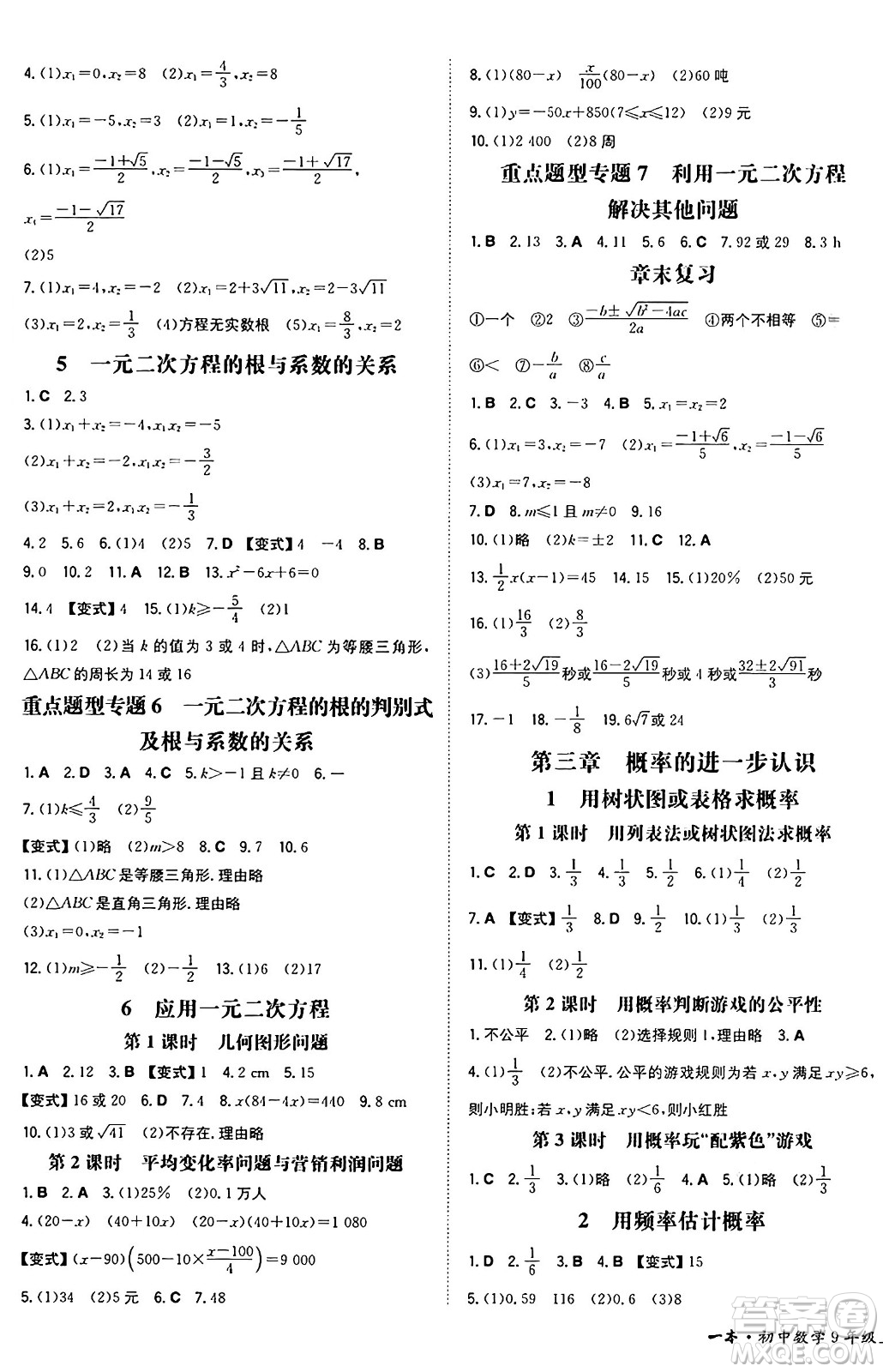 湖南教育出版社2024年秋一本同步訓(xùn)練九年級(jí)數(shù)學(xué)上冊(cè)北師大版遼寧專版答案