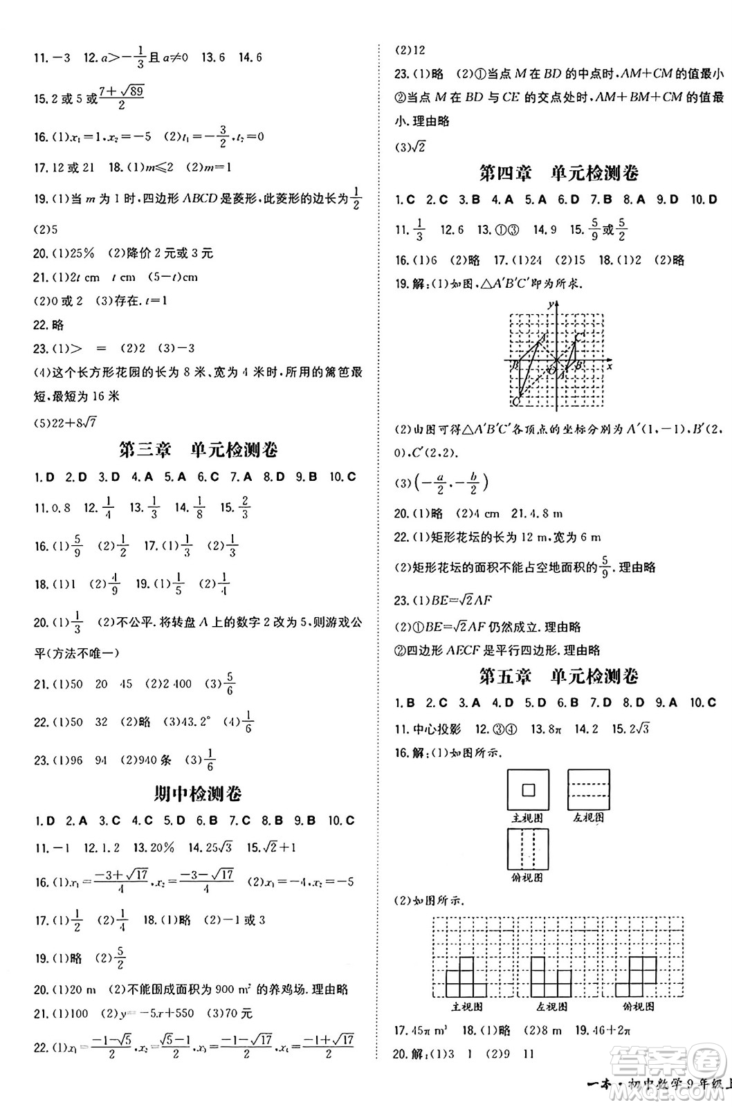 湖南教育出版社2024年秋一本同步訓(xùn)練九年級(jí)數(shù)學(xué)上冊(cè)北師大版遼寧專版答案