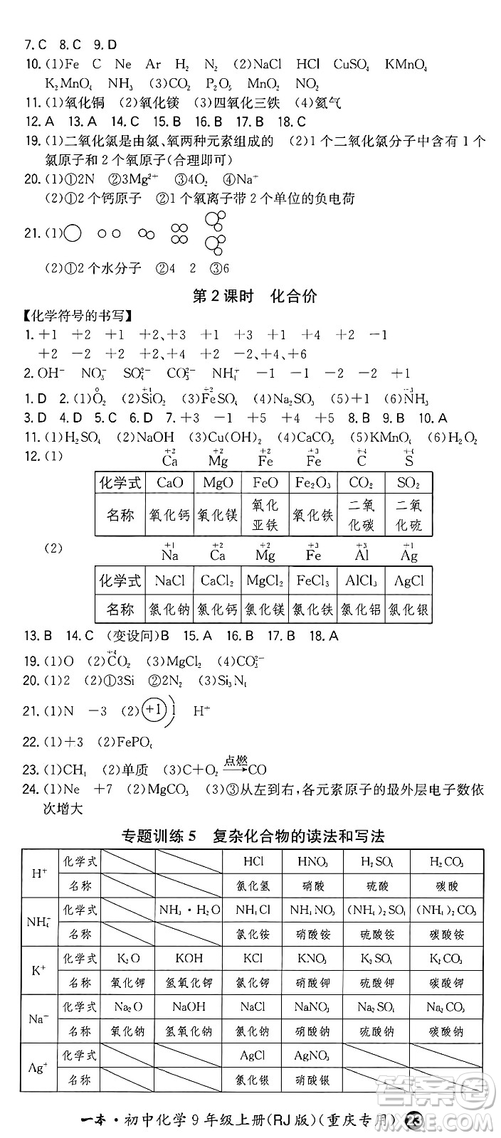 湖南教育出版社2024年秋一本同步訓(xùn)練九年級(jí)化學(xué)上冊人教版重慶專版答案