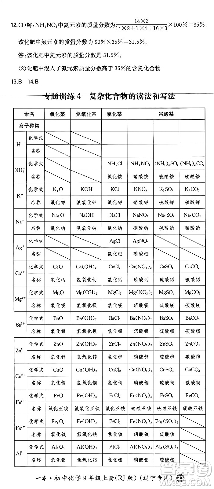 湖南教育出版社2024年秋一本同步訓(xùn)練九年級(jí)化學(xué)上冊(cè)人教版遼寧專版答案