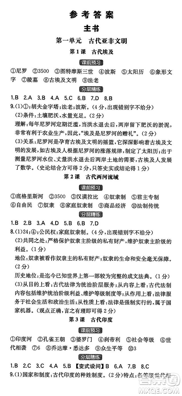 湖南教育出版社2024年秋一本同步訓練九年級歷史上冊人教版陜西專版答案