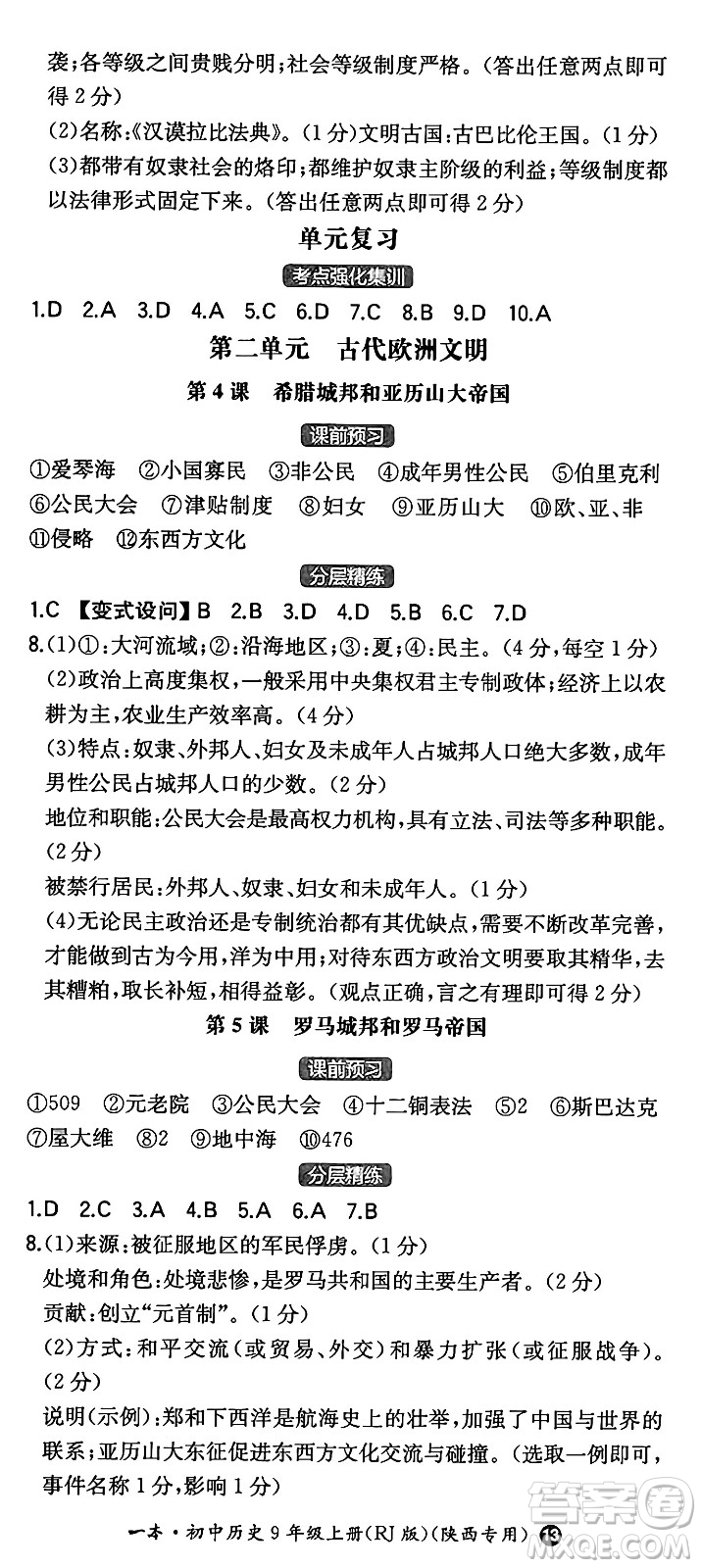 湖南教育出版社2024年秋一本同步訓練九年級歷史上冊人教版陜西專版答案