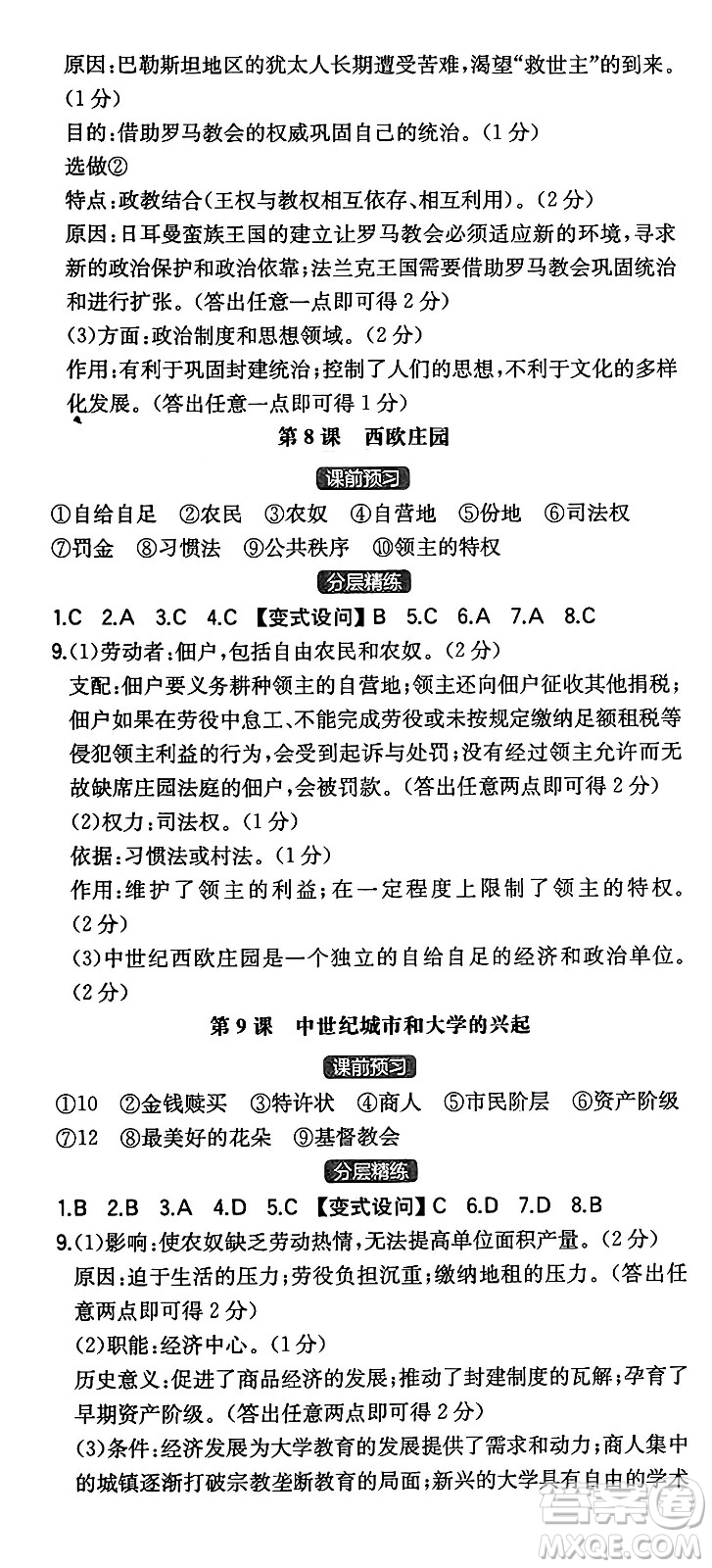 湖南教育出版社2024年秋一本同步訓練九年級歷史上冊人教版陜西專版答案